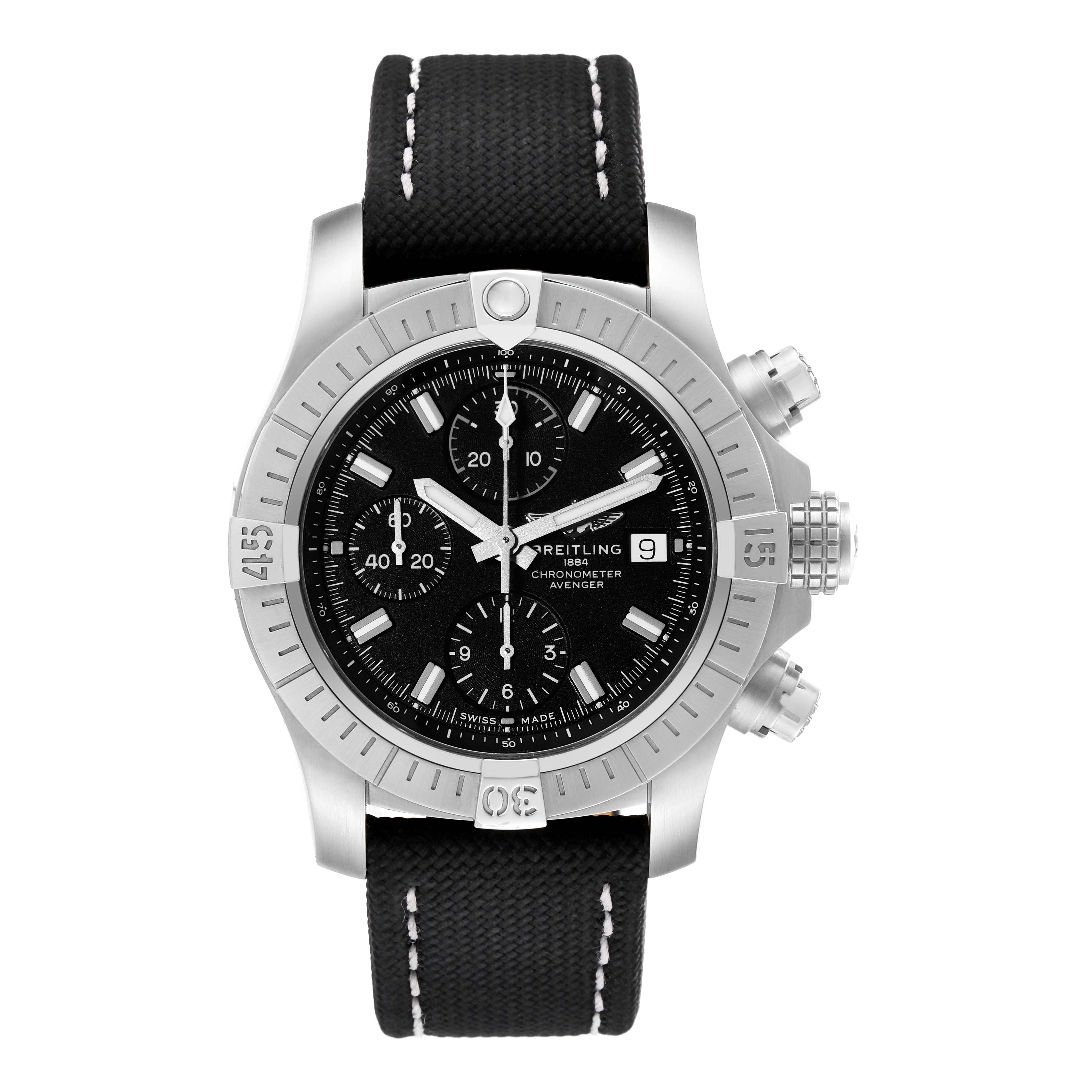 The image displays a front view of the Breitling Avenger A13385 Men's Stainless Steel Black Dial A13385 Men's Stainless Steel Black Dial watch, featuring its dial, bezel, and strap.