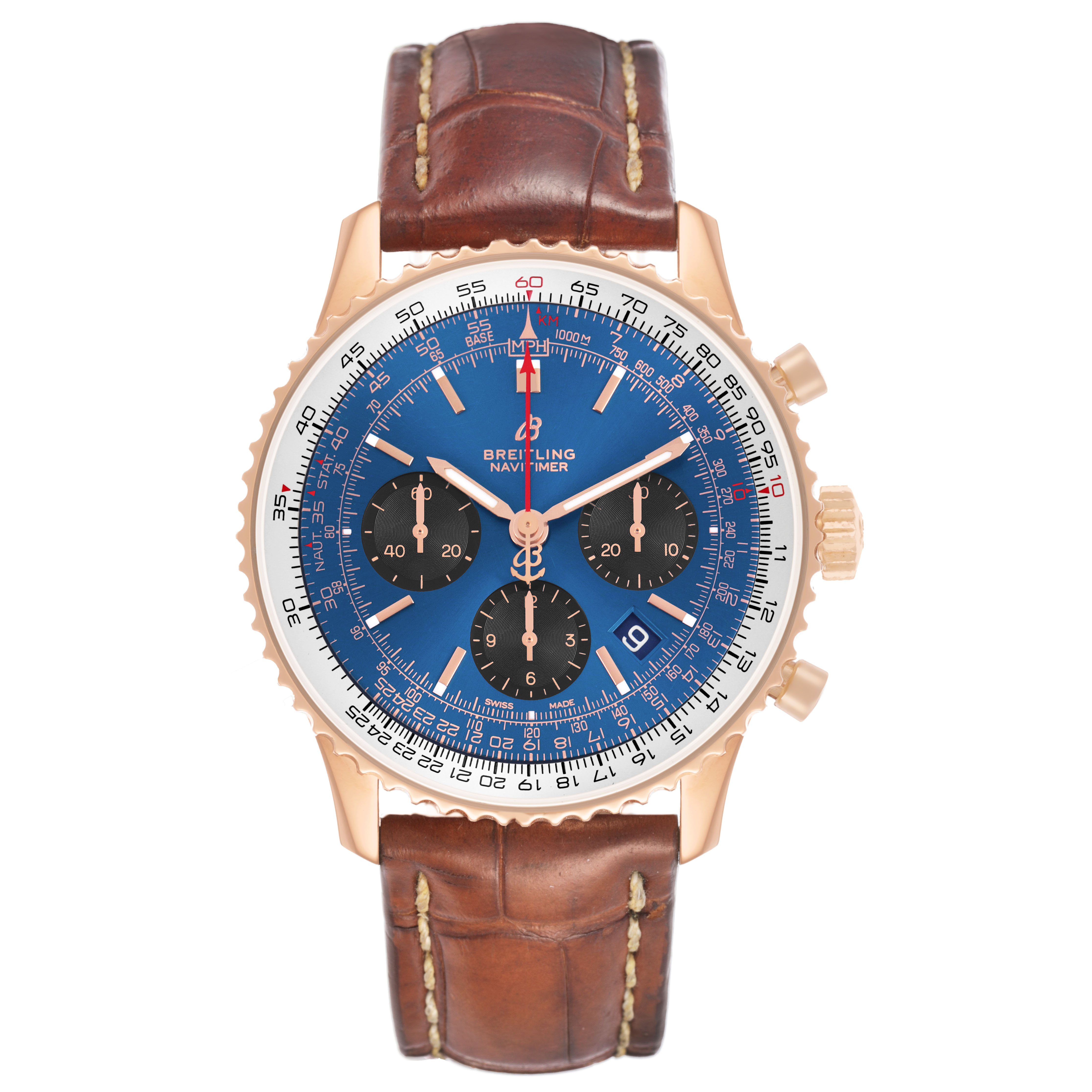 The Breitling Navitimer RB0121211C1P4 Men's Rose Gold Blue Dial watch is shown from a top-down angle, displaying its blue dial, subdials, bezel, and brown leather strap.