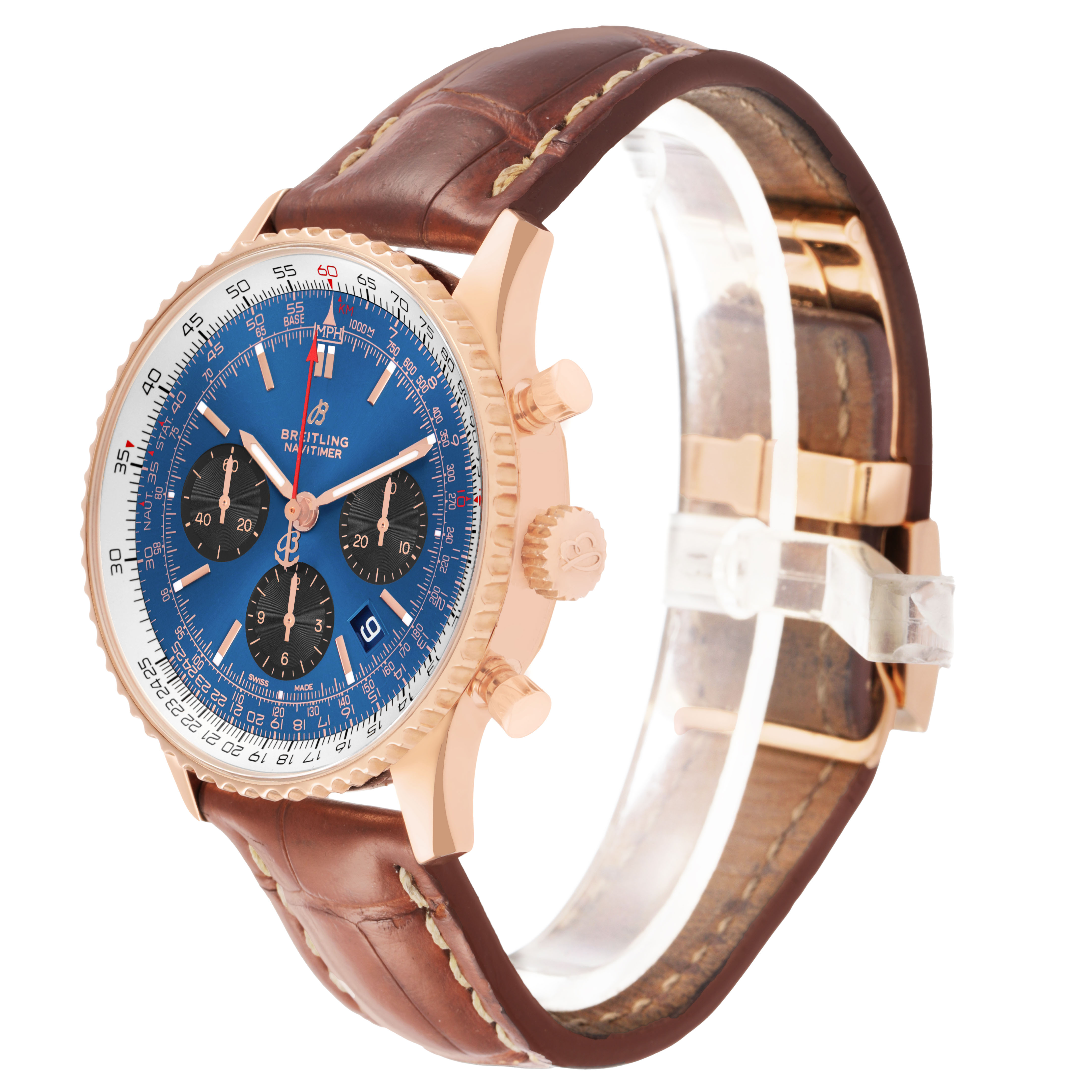 The Breitling Navitimer RB0121211C1P4 Men's Rose Gold Blue Dial watch is shown at a side angle, highlighting the crown, pushers, blue dial, and brown leather strap.