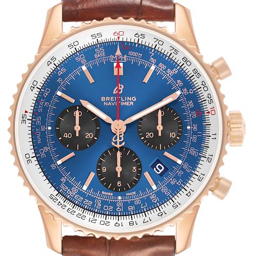 The Breitling Navitimer RB0121211C1P4 Men's Rose Gold Blue Dial is shown from a front view, highlighting the blue dial, subdials, and the bezel with a brown leather strap.