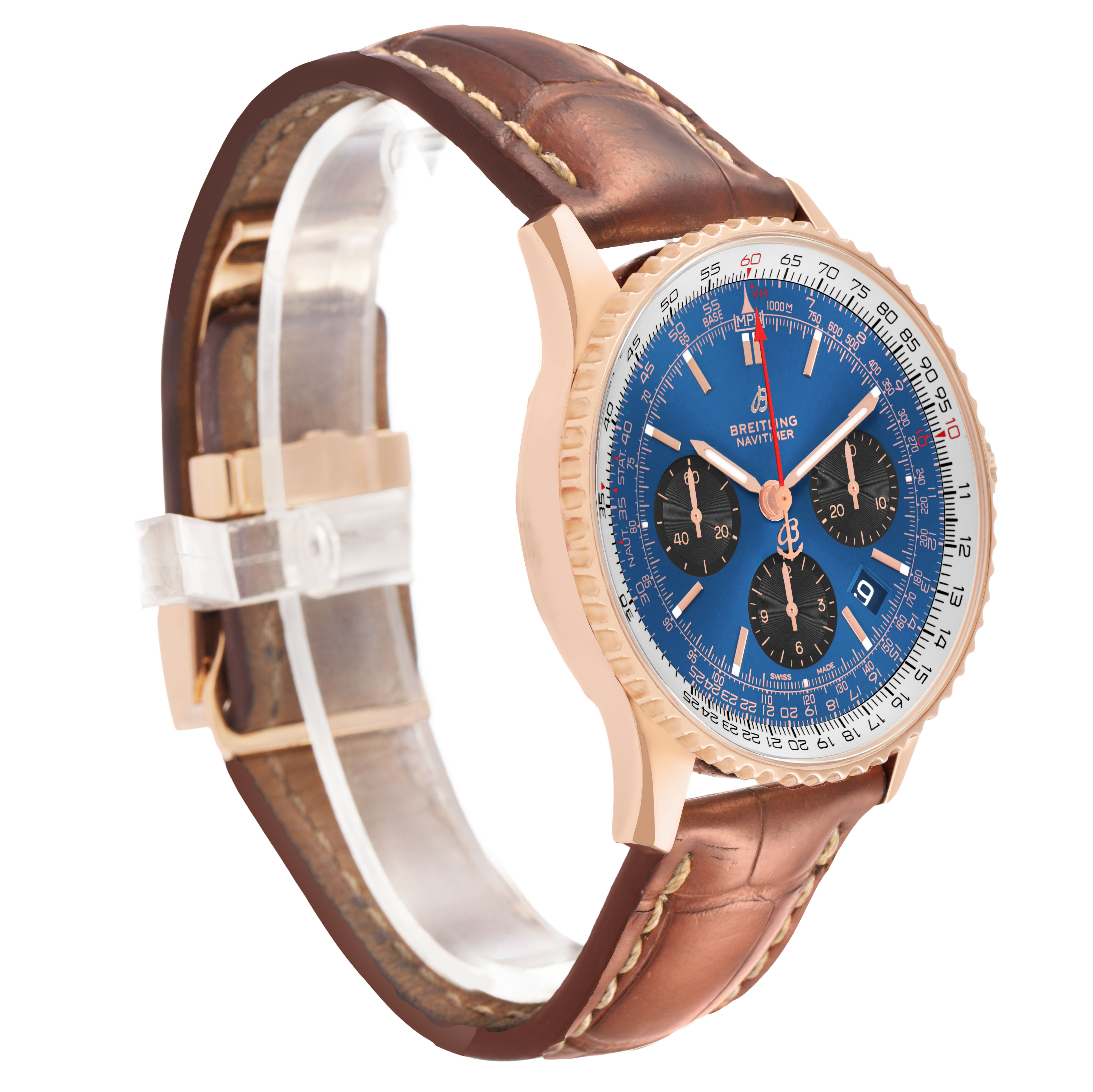 The Breitling Navitimer RB0121211C1P4 Men's Rose Gold Blue Dial is shown at a 3/4 angle, displaying the blue dial, bezel, and leather strap.