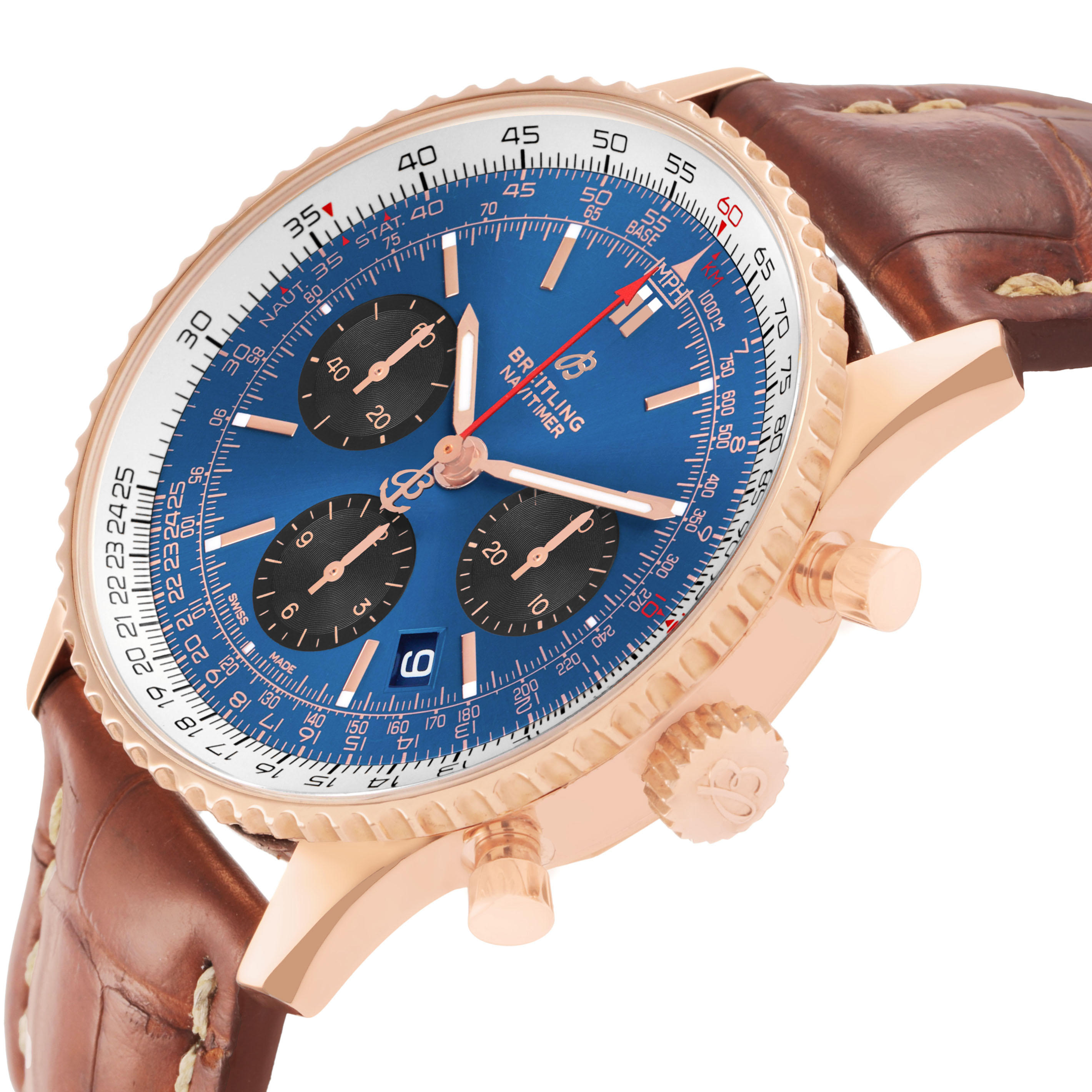 The Breitling Navitimer RB0121211C1P4 Men's Rose Gold Blue Dial watch is shown at a side angle, highlighting the dial, bezel, crown, pushers, and strap.