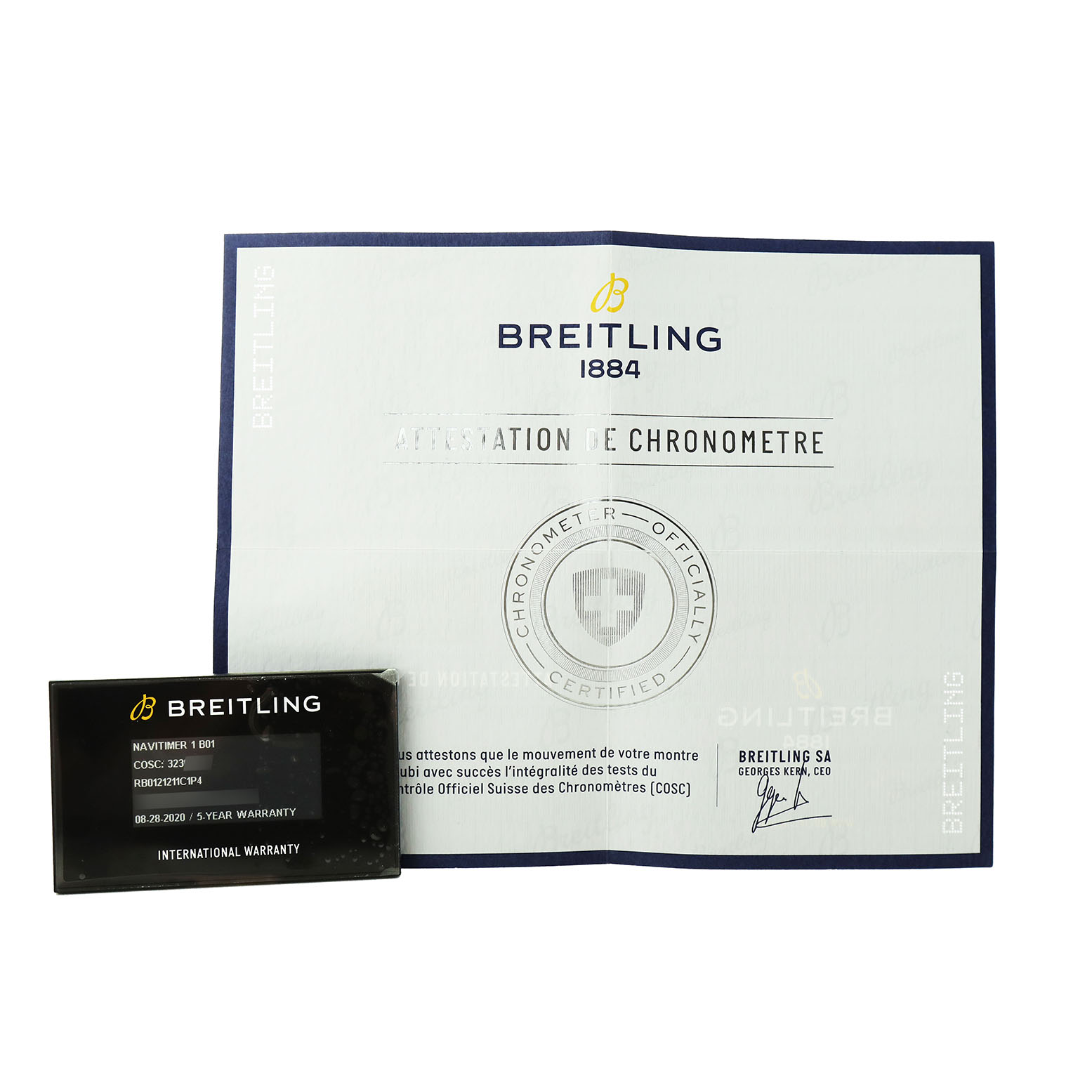 The image shows a Breitling Navitimer RB0121211C1P4 Men's Rose Gold Blue Dial warranty card and chronometer certification document.