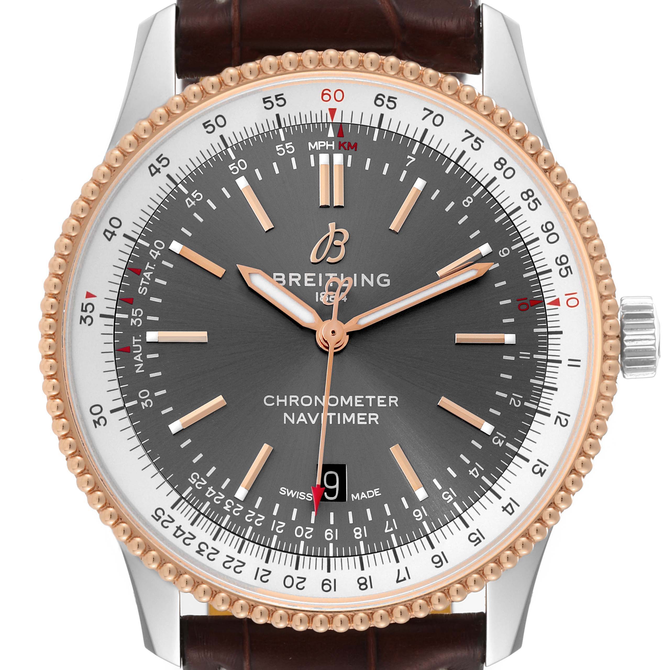 This is a close-up view of the Breitling Navitimer U17326211M1P1 Men
s Stainless Steel Grey Dial U17326211M1P1 Men
s Stainless Steel Grey Dial watch face, highlighting its bezel, markers, and hands.