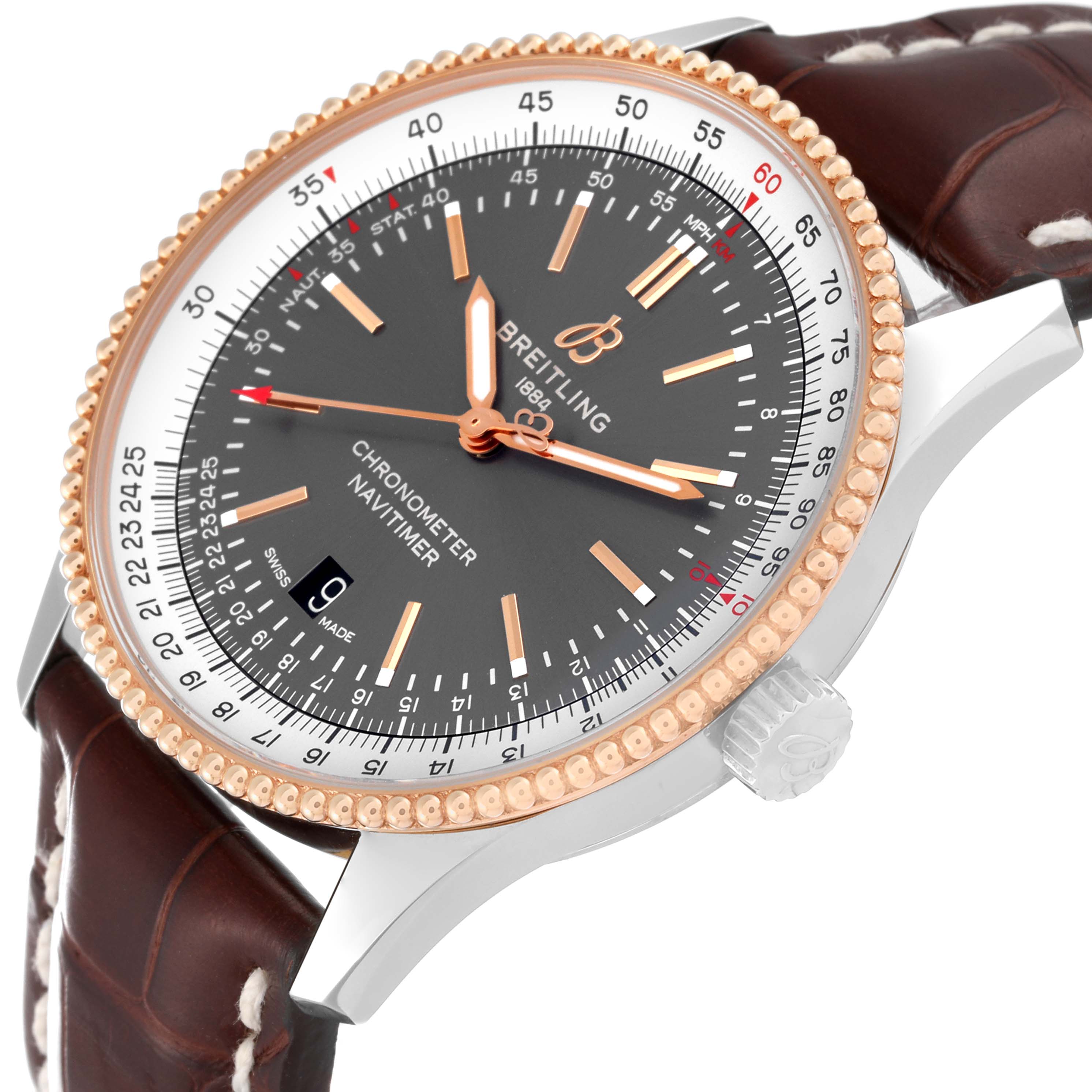 The image shows a close-up, angled side view of a Breitling Navitimer U17326211M1P1 Men
s Stainless Steel Grey Dial U17326211M1P1 Men
s Stainless Steel Grey Dial Chronometer watch, highlighting the face, bezel, crown, and strap.
