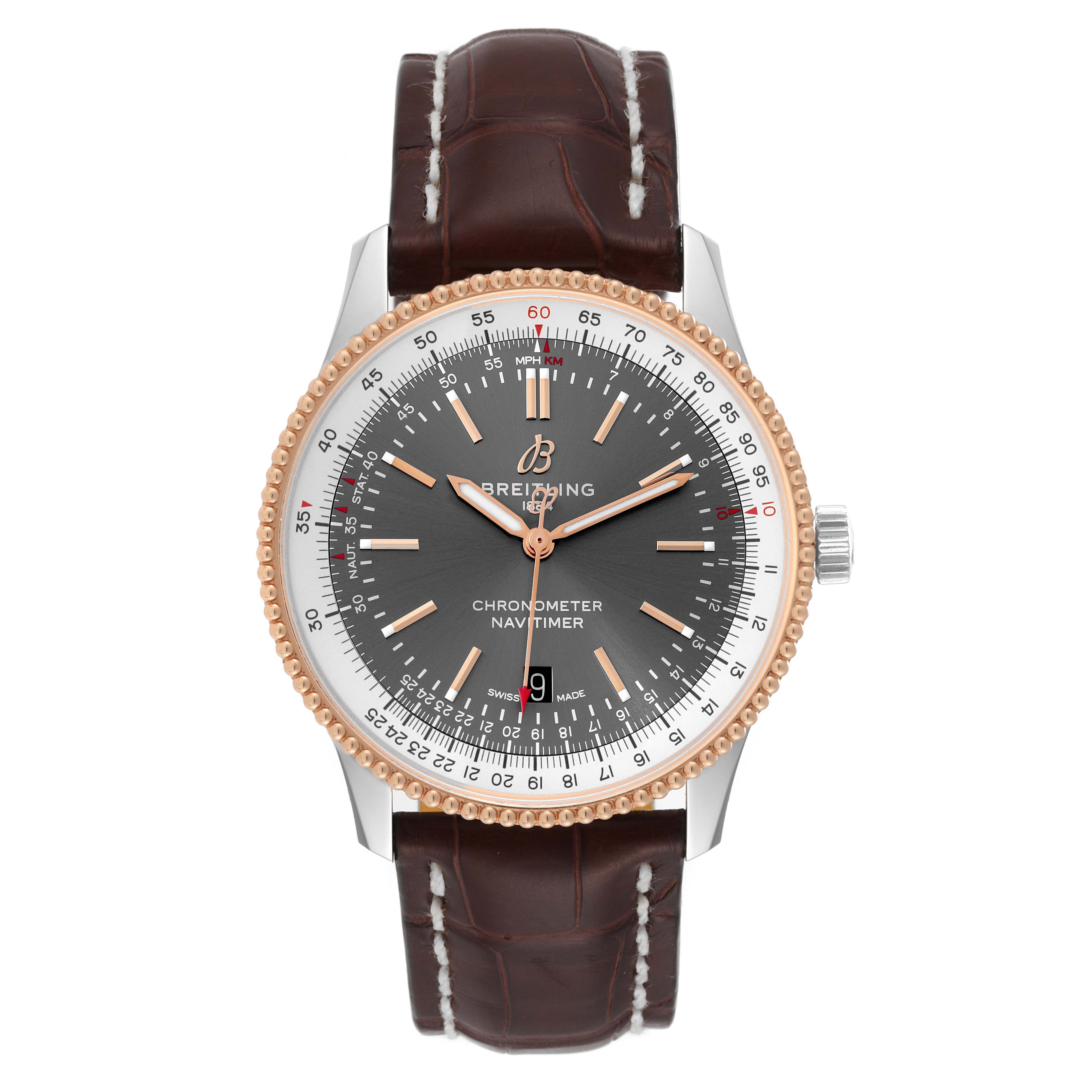The image displays a front angle of the Breitling Navitimer U17326211M1P1 Men
s Stainless Steel Grey Dial U17326211M1P1 Men
s Stainless Steel Grey Dial watch, highlighting its face, bezel, and leather strap.