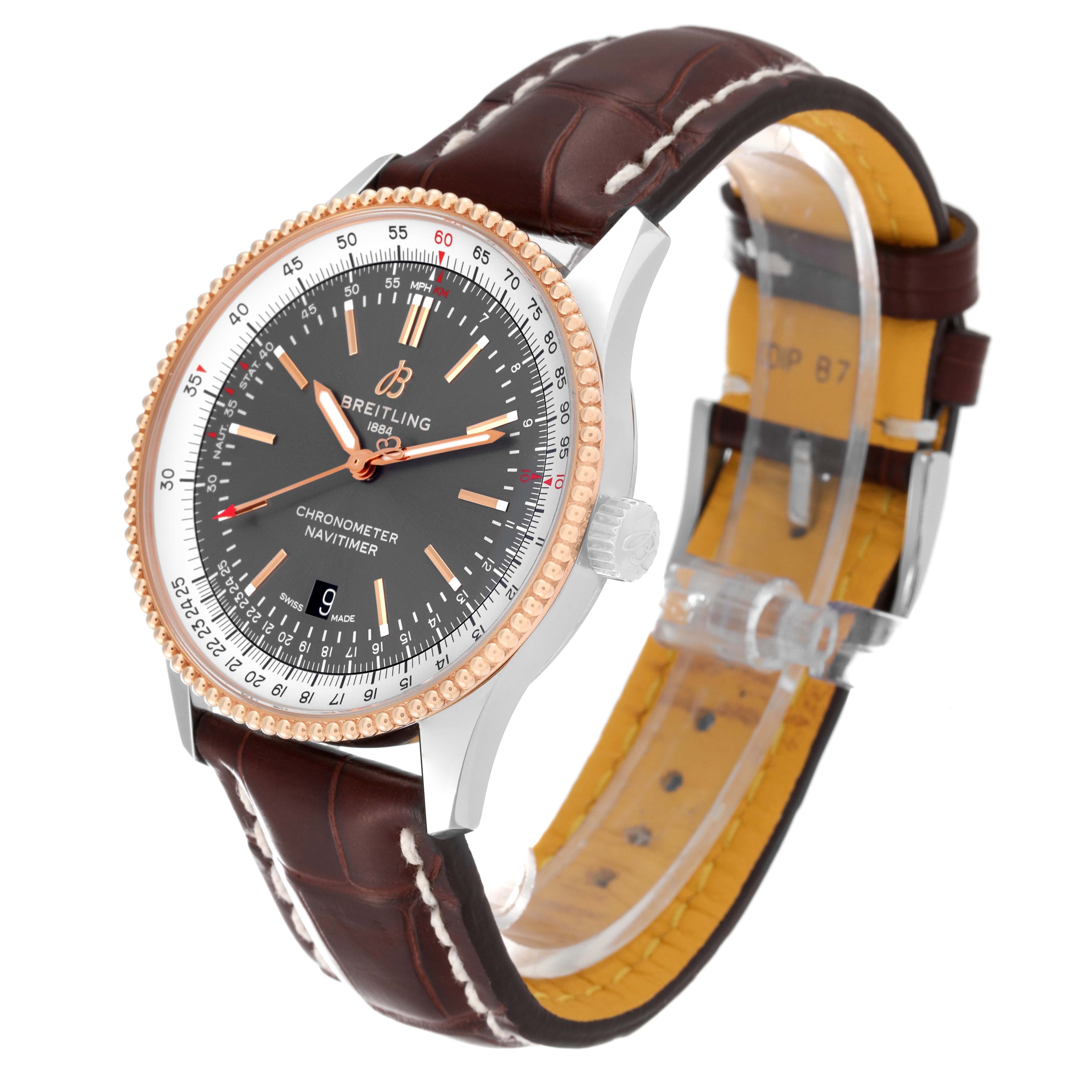 The image shows a Breitling Navitimer U17326211M1P1 Men
s Stainless Steel Grey Dial U17326211M1P1 Men
s Stainless Steel Grey Dial watch at a three-quarter angle, highlighting its dial, bezel, crown, and leather strap.