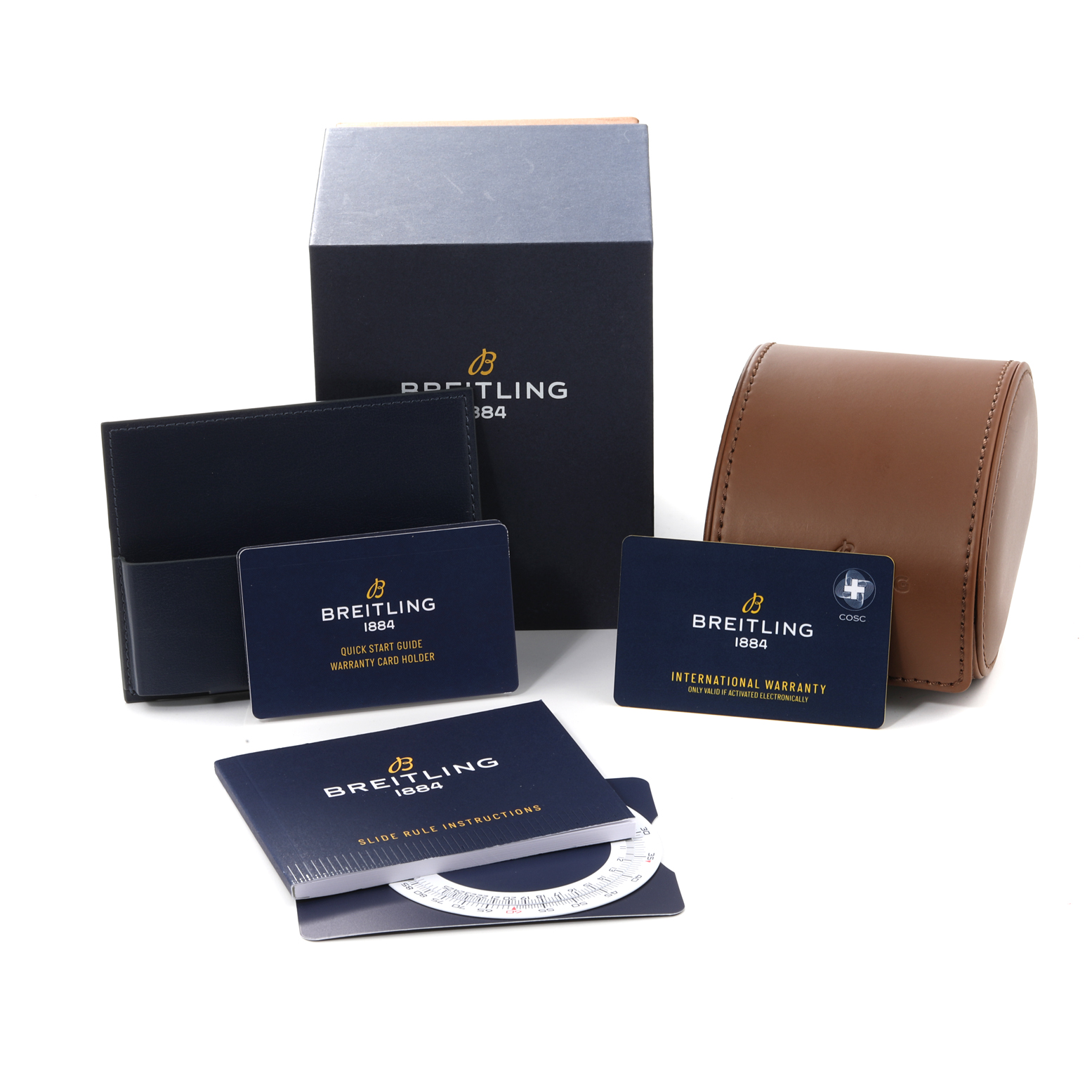 The image shows accessories for the Breitling Navitimer U17326211M1P1 Men
s Stainless Steel Grey Dial U17326211M1P1 Men
s Stainless Steel Grey Dial, including manuals, warranty cards, a cardholder, and a watch case.