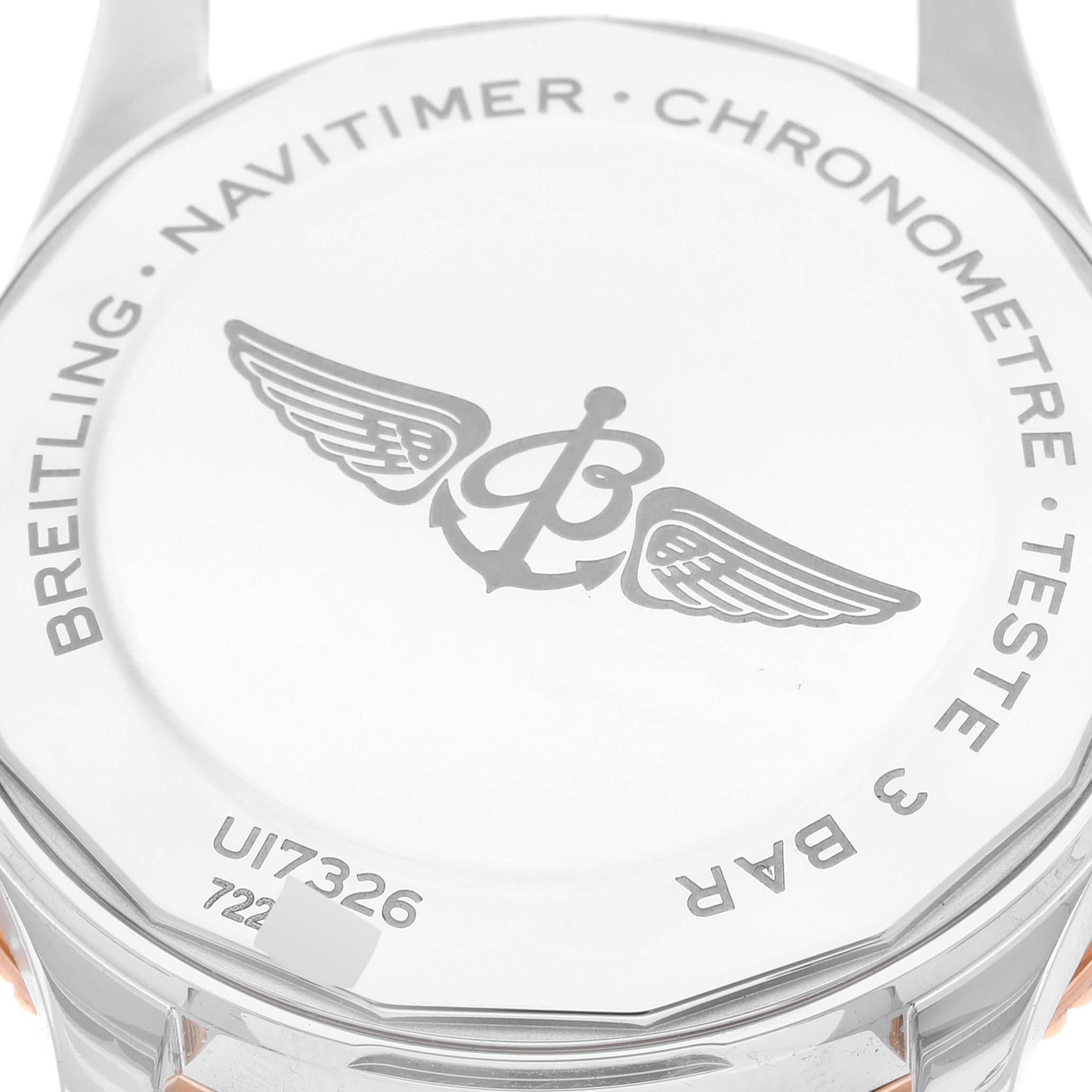 The image shows the back case of a Breitling Navitimer U17326211M1P1 Men
s Stainless Steel Grey Dial U17326211M1P1 Men
s Stainless Steel Grey Dial watch, featuring the brand logo and model details.