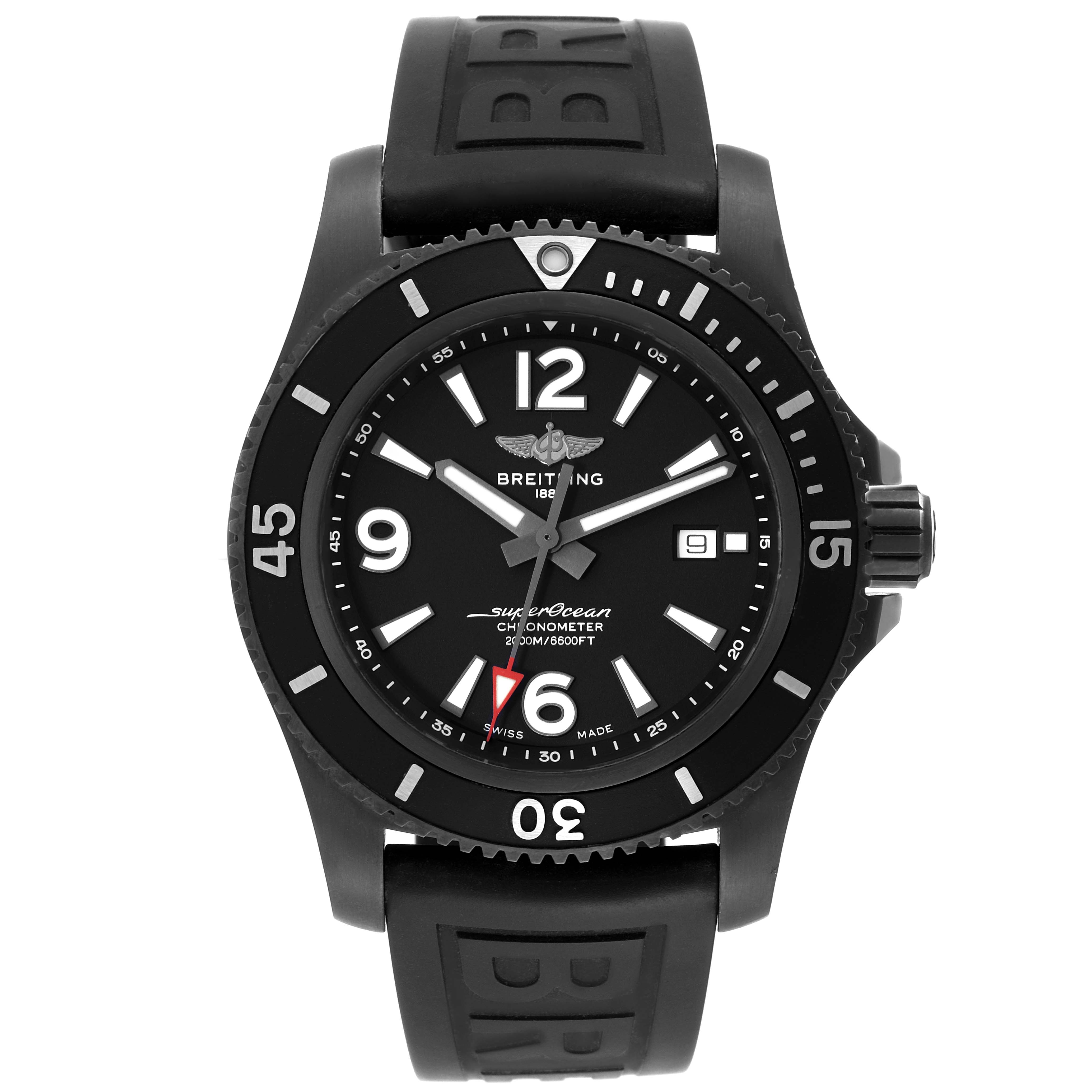 The image shows a front view of a Breitling Superocean M17368 Men's Stainless Steel Black Dial M17368 Men's Stainless Steel Black Dial watch, displaying the dial, bezel, and black rubber strap.