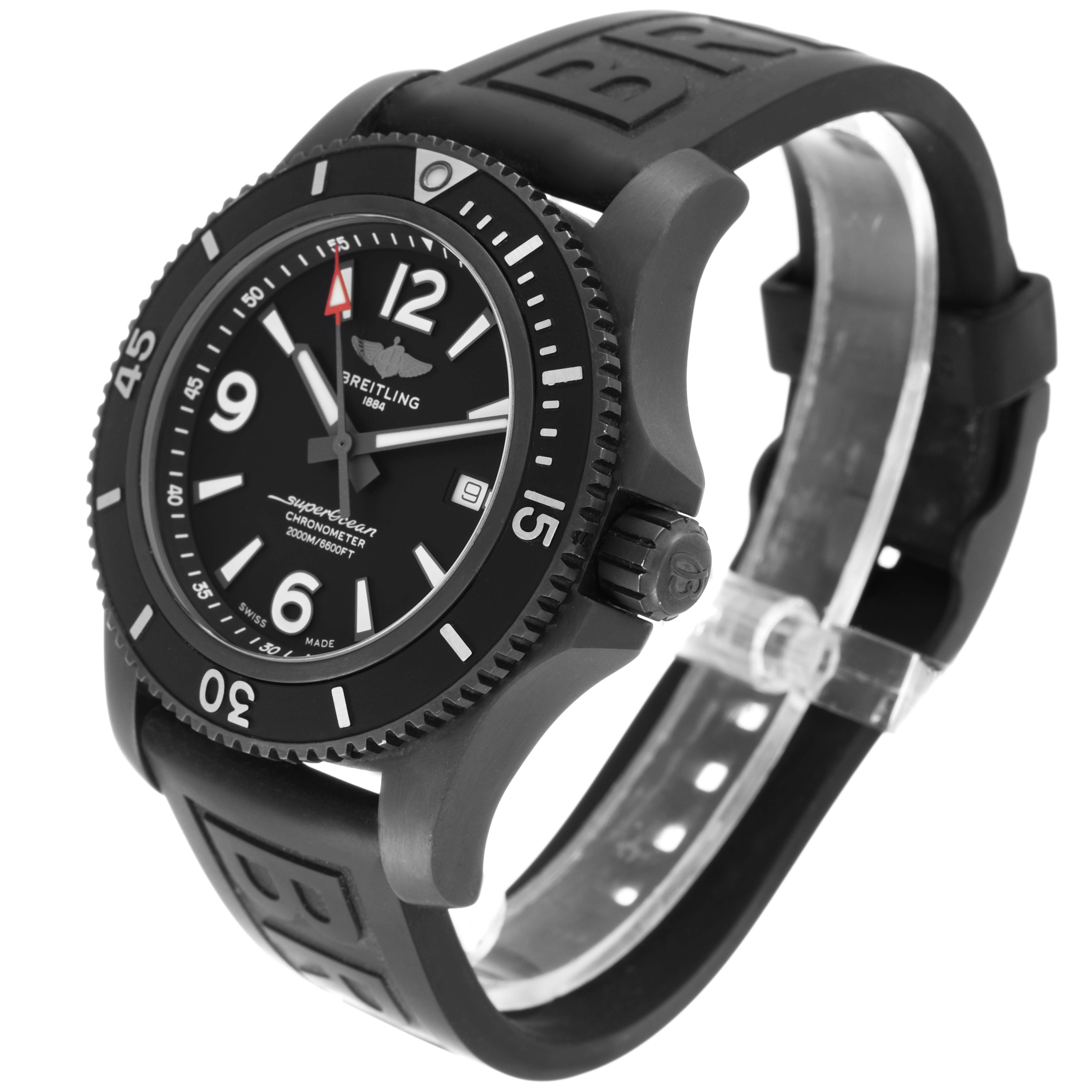 The Breitling Superocean M17368 Men's Stainless Steel Black Dial M17368 Men's Stainless Steel Black Dial watch is shown at a three-quarter angle, highlighting the face, bezel, and rubber strap.