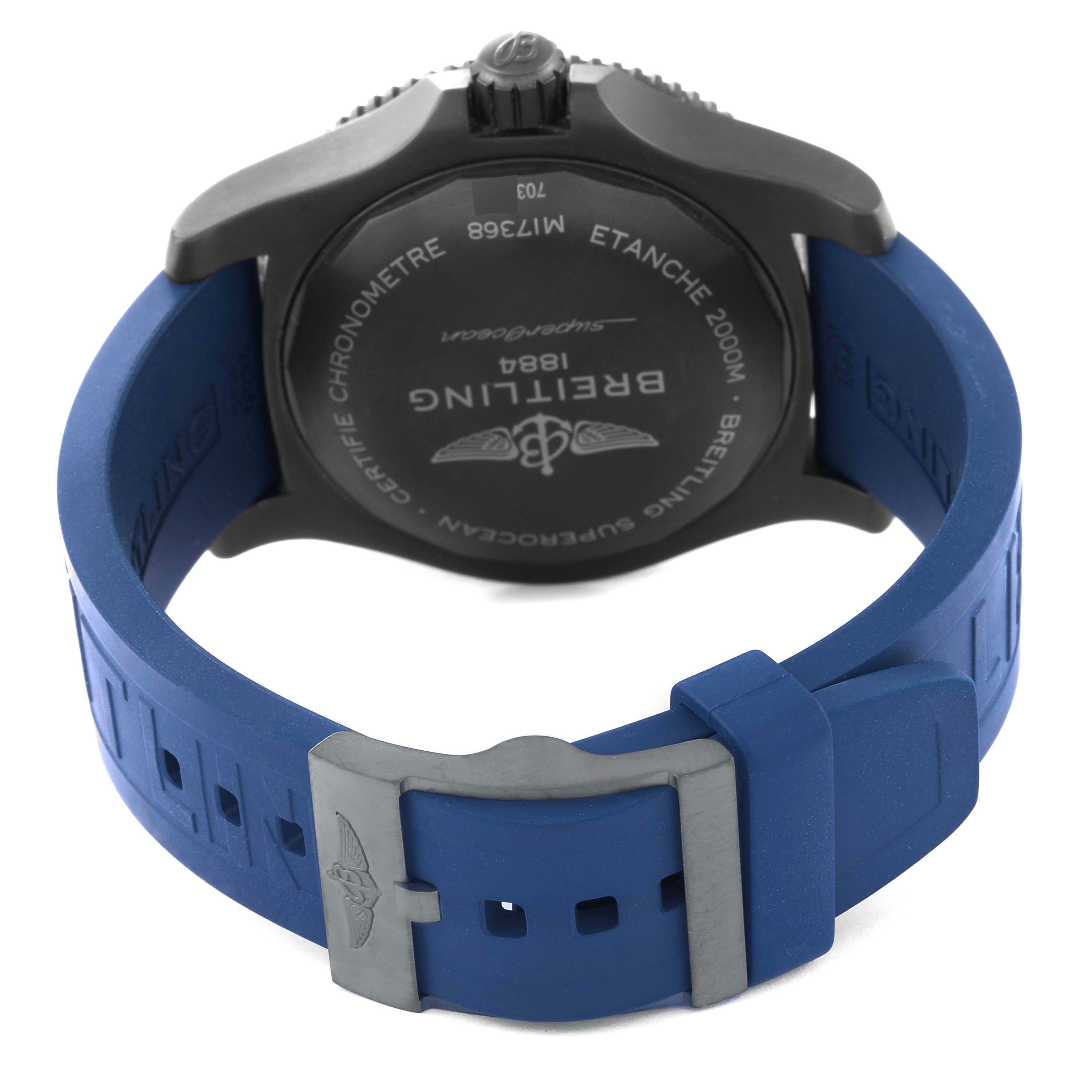 The image shows the back view of the Breitling Superocean M17368 Men's Stainless Steel Blue Dial M17368 Men's Stainless Steel Blue Dial watch, featuring its case back and blue rubber strap with a clasp.