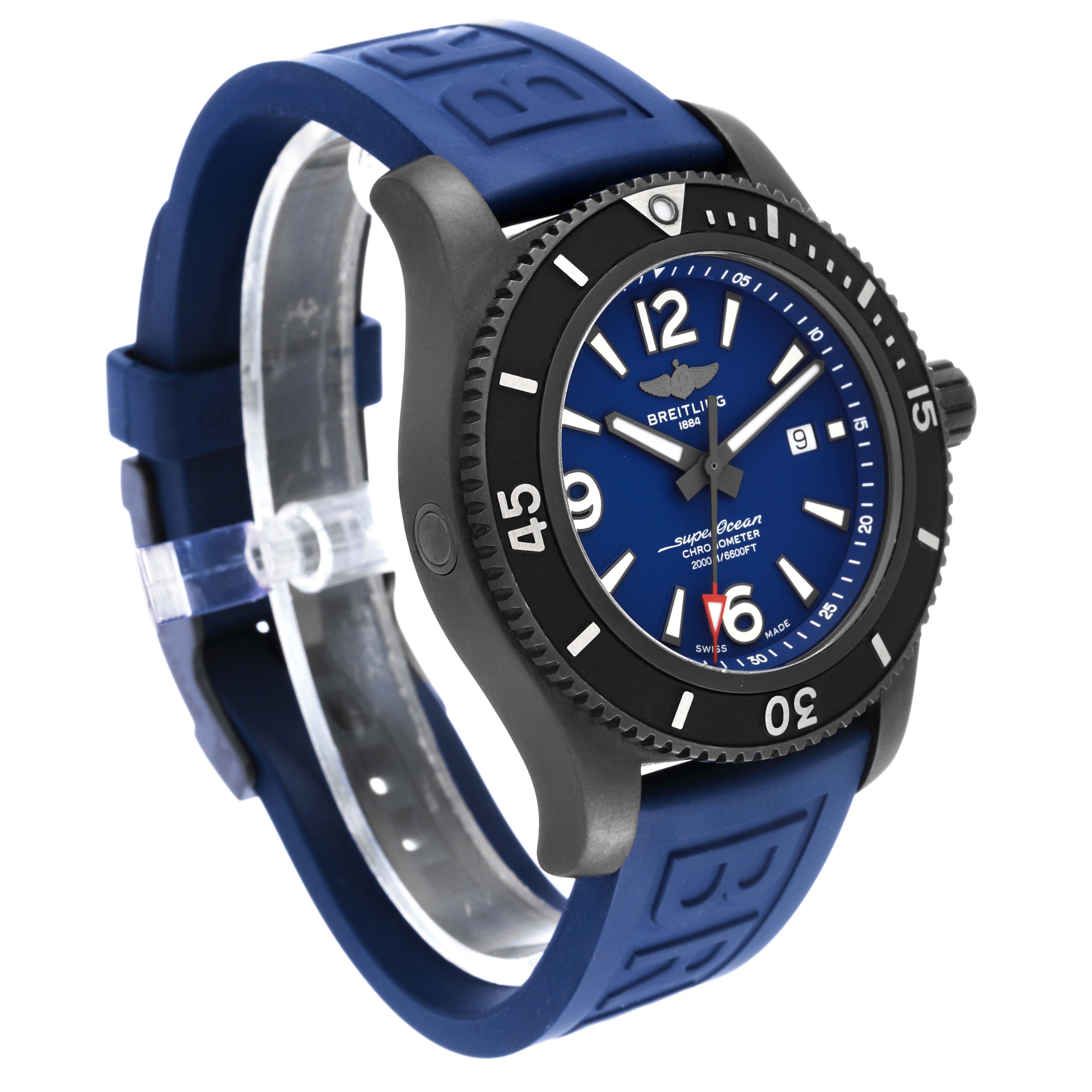 The image shows a Breitling Superocean M17368 Men's Stainless Steel Blue Dial M17368 Men's Stainless Steel Blue Dial watch at an angle displaying the face, bezel, crown, and blue strap.