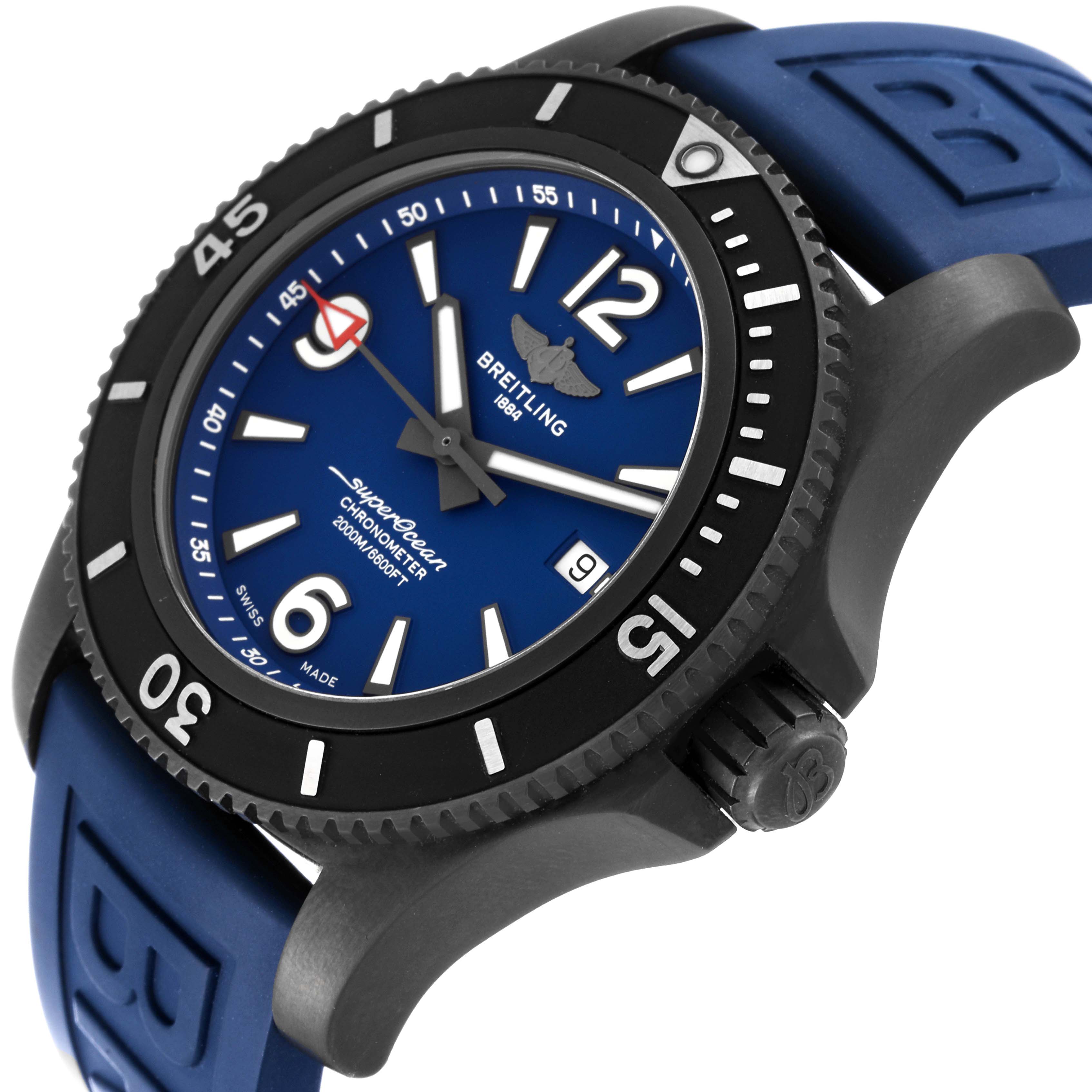 This image shows a close-up, angled view of the Breitling Superocean M17368 Men's Stainless Steel Blue Dial M17368 Men's Stainless Steel Blue Dial watch, highlighting the dial, bezel, and strap.