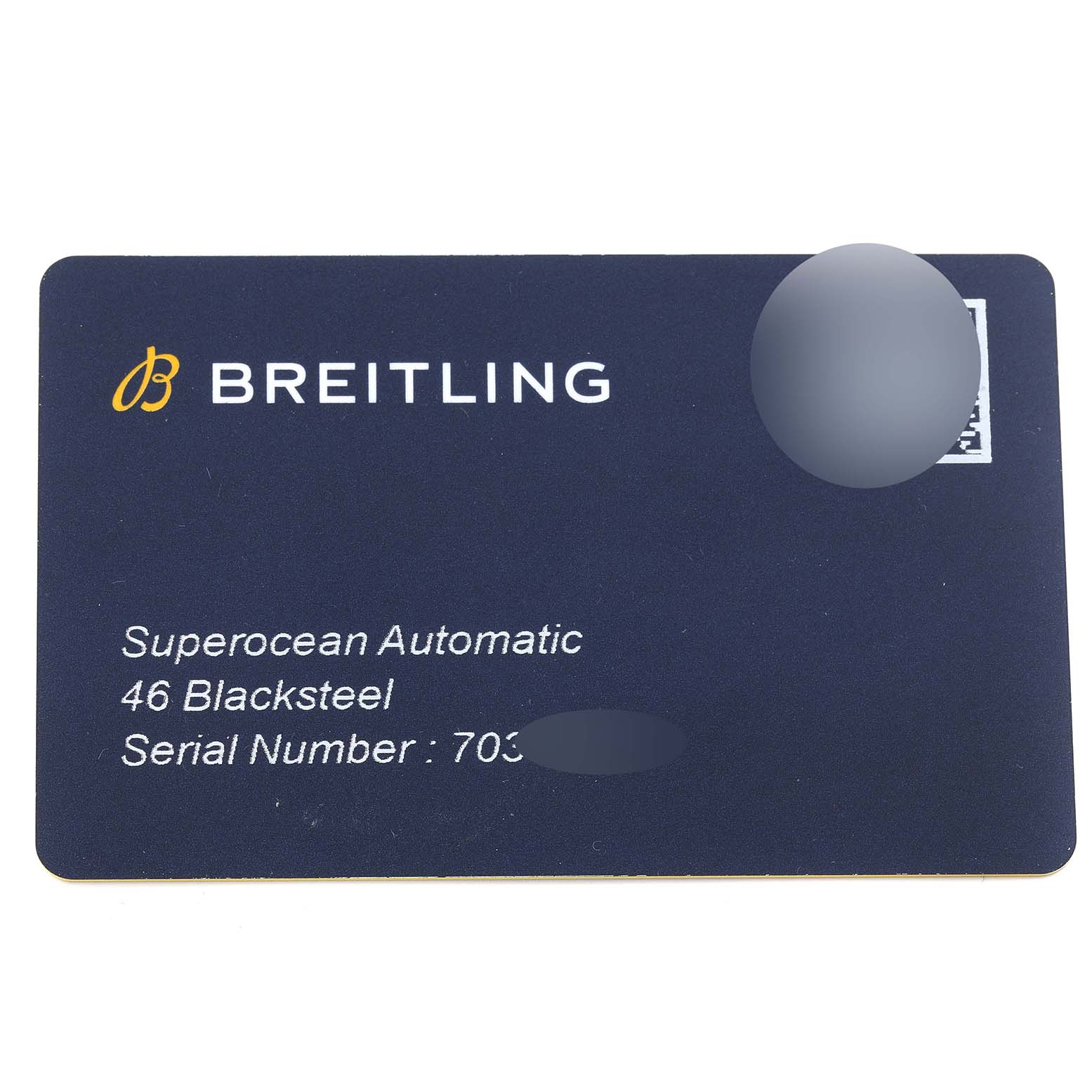 The image shows a Breitling Superocean M17368 Men's Stainless Steel Blue Dial M17368 Men's Stainless Steel Blue Dial Automatic 46 Blacksteel warranty card, including the model and partially obscured serial number.