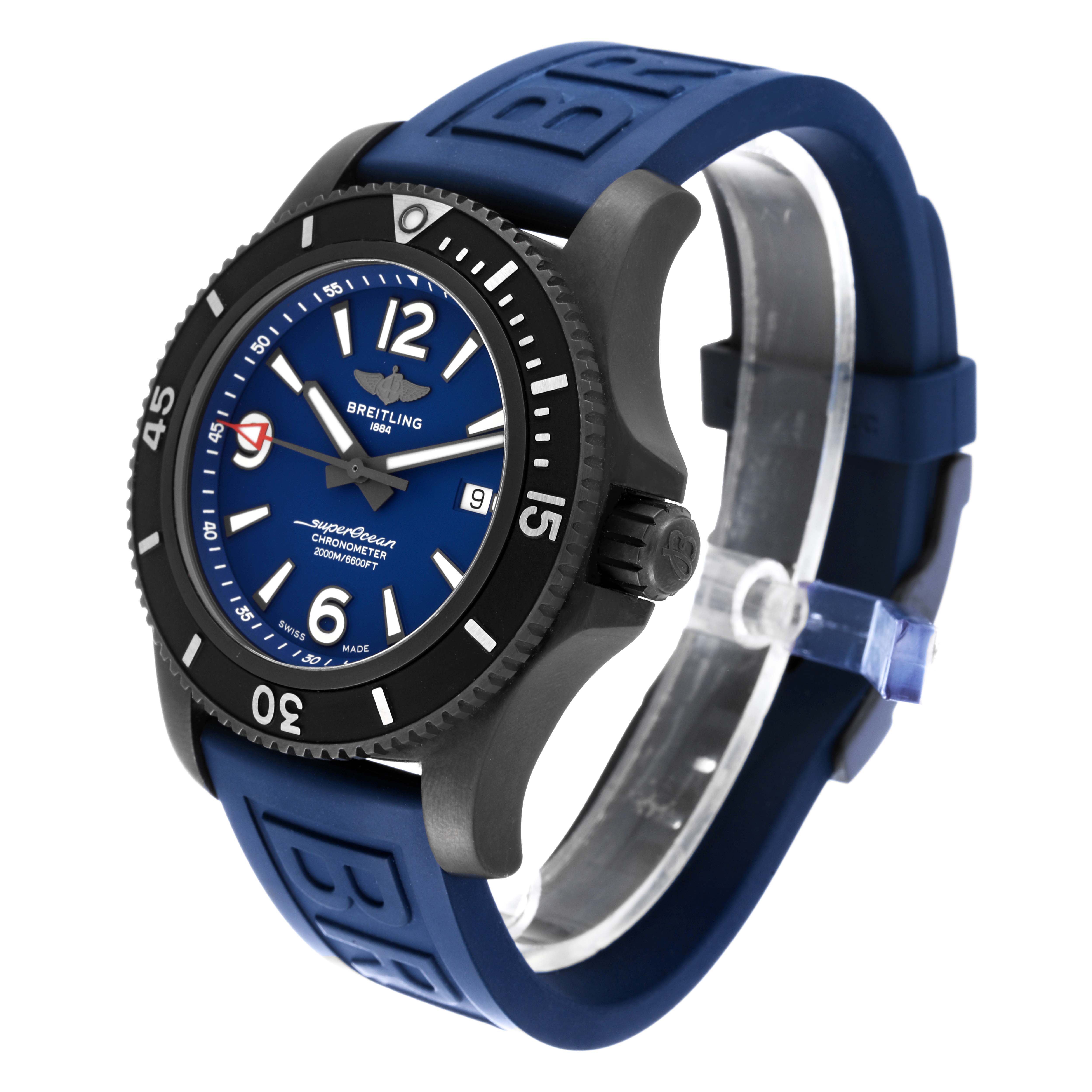 The image shows a Breitling Superocean M17368 Men's Stainless Steel Blue Dial M17368 Men's Stainless Steel Blue Dial watch at a three-quarter angle, highlighting its face, bezel, and blue rubber strap.