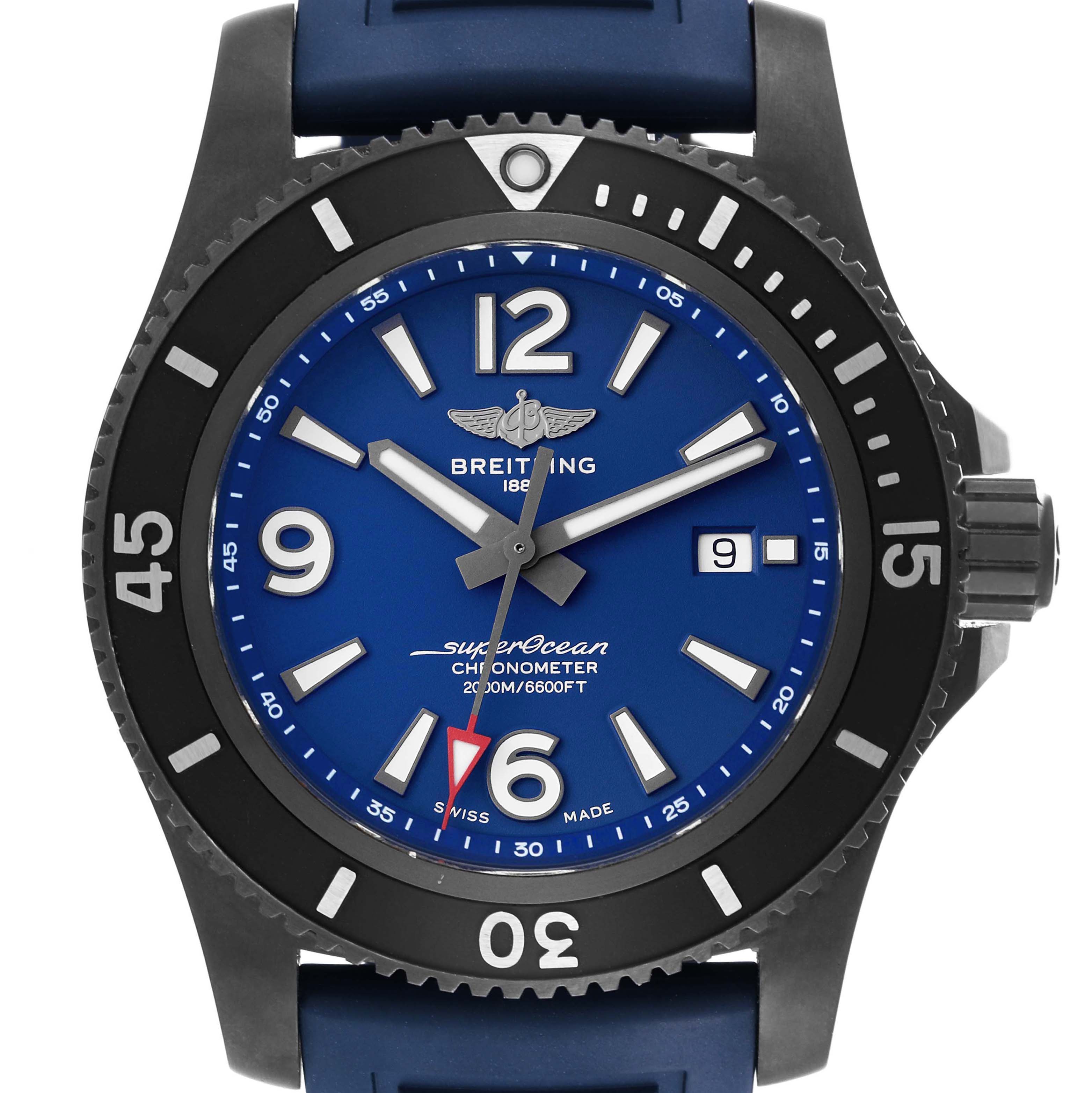 This image shows a front view of a Breitling Superocean M17368 Men's Stainless Steel Blue Dial M17368 Men's Stainless Steel Blue Dial watch, highlighting the dial, bezel, hands, and date window.