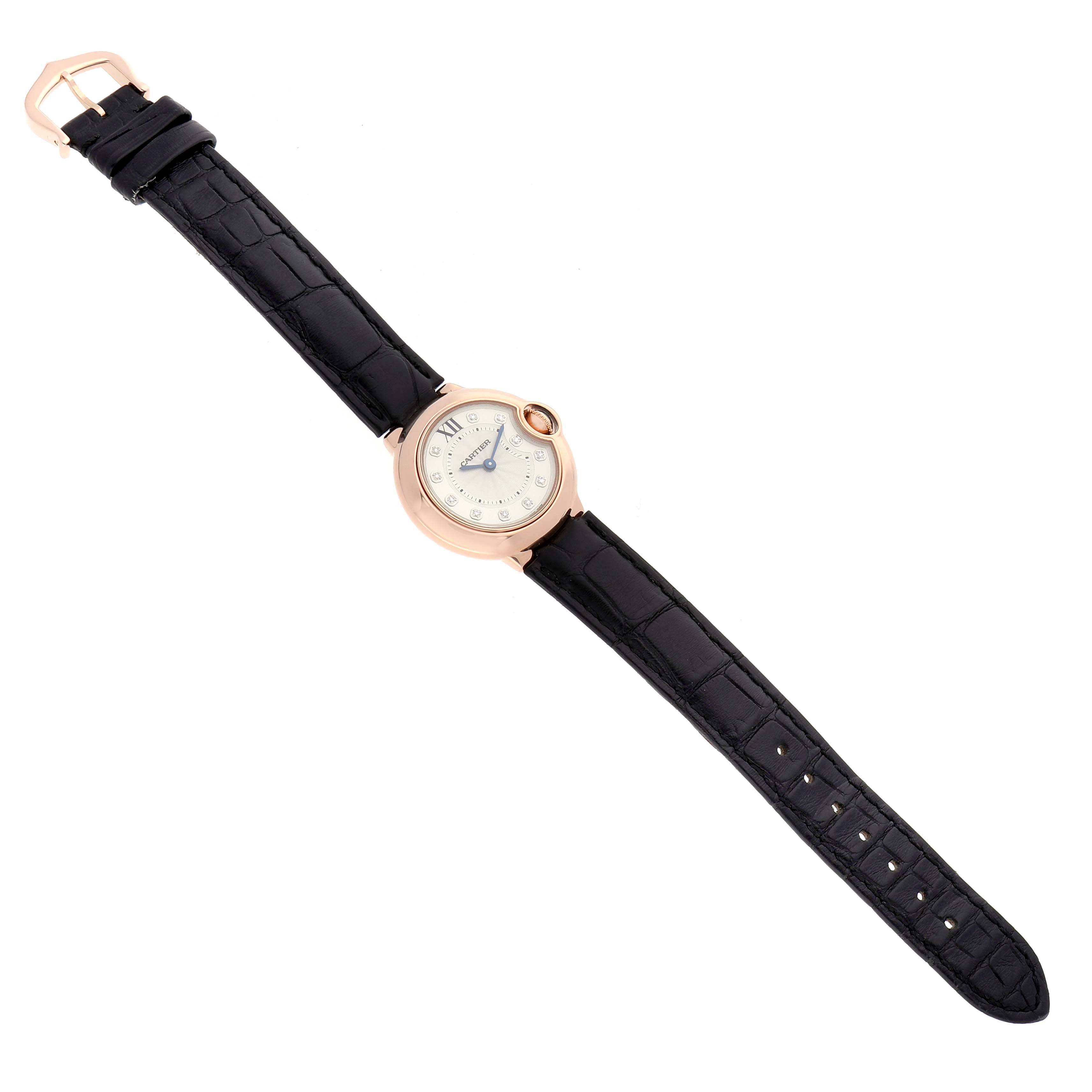 The Cartier Ballon Bleu W6900256 Women
s Rose Gold Silver Dial watch is shown flat, displaying its round case, dial, crown, and black leather strap.