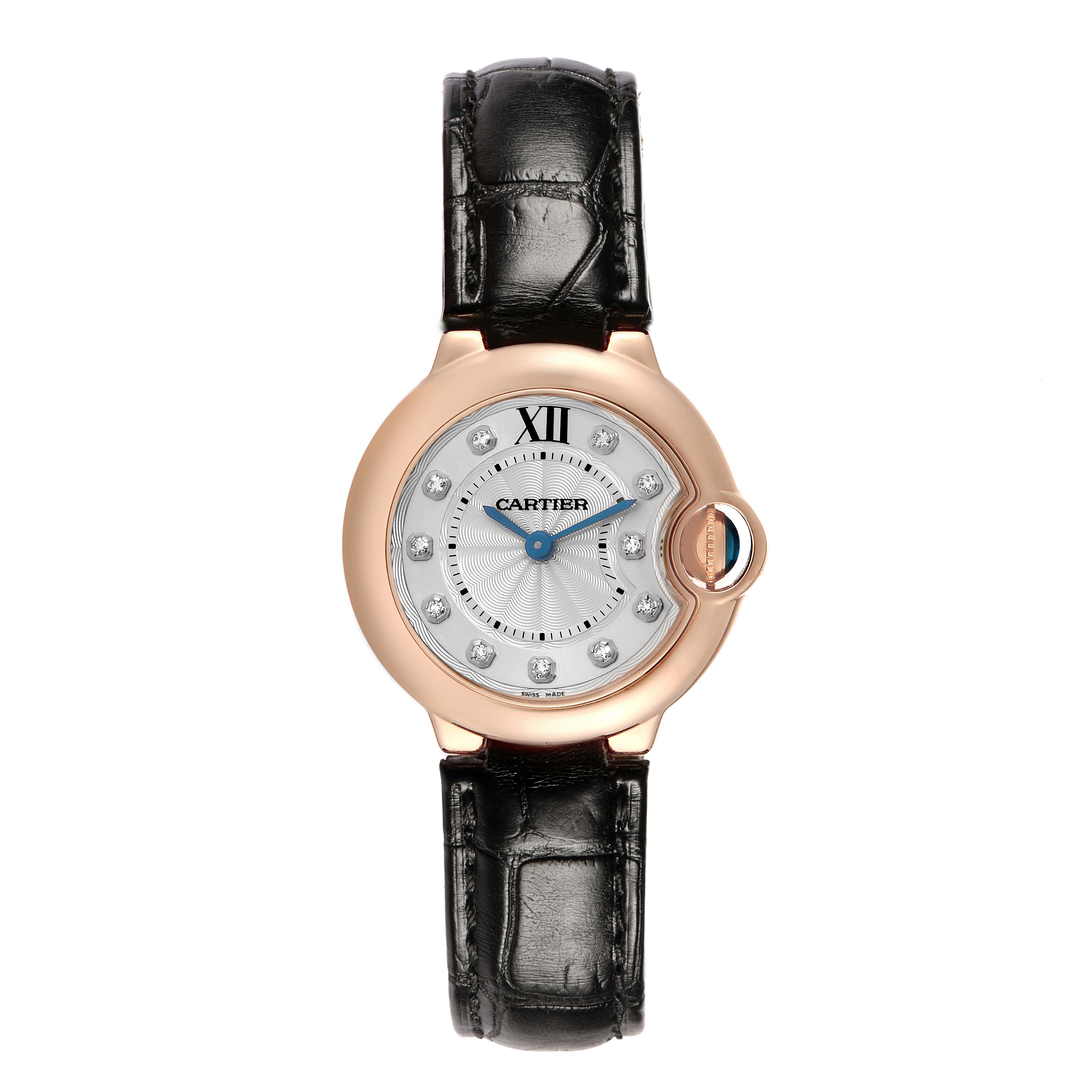 The Cartier Ballon Bleu W6900256 Women
s Rose Gold Silver Dial watch is shown from a top view, displaying its round dial, Roman numeral, and black leather strap.