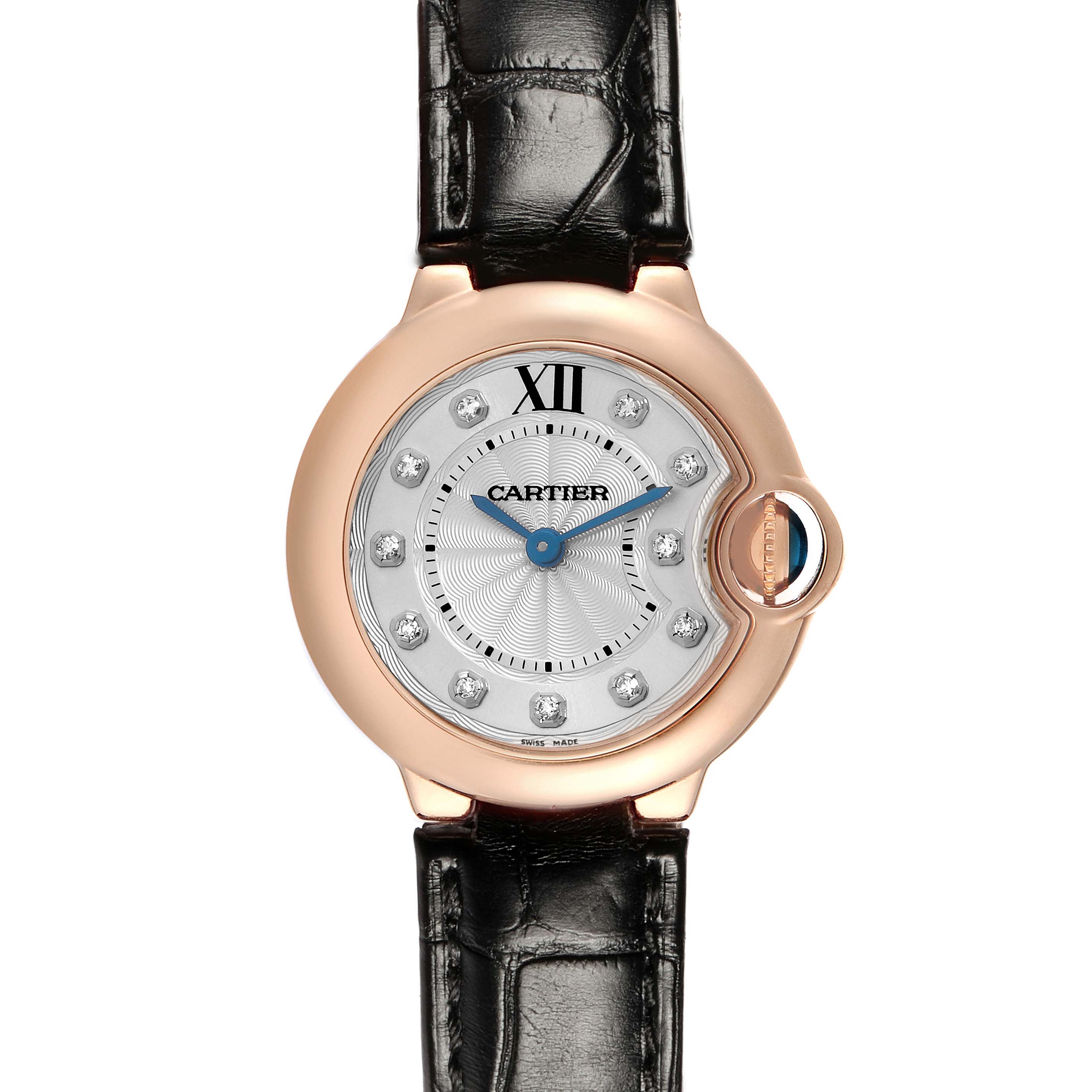 The Cartier Ballon Bleu W6900256 Women
s Rose Gold Silver Dial watch is shown from a front angle, displaying its round face, crown, and leather strap.