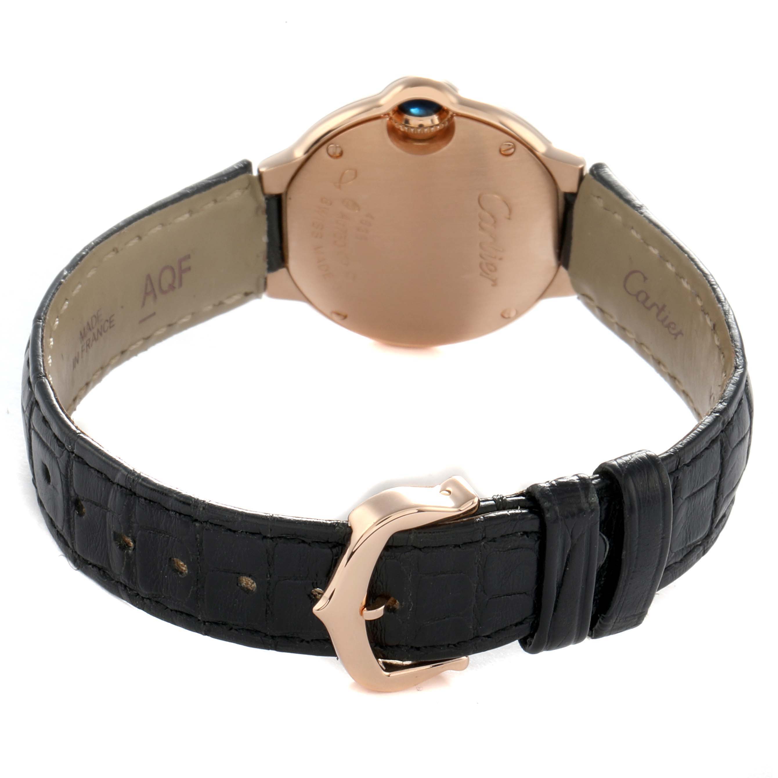 The Cartier Ballon Bleu W6900256 Women
s Rose Gold Silver Dial watch is shown from the back, highlighting the clasp, strap, and caseback.