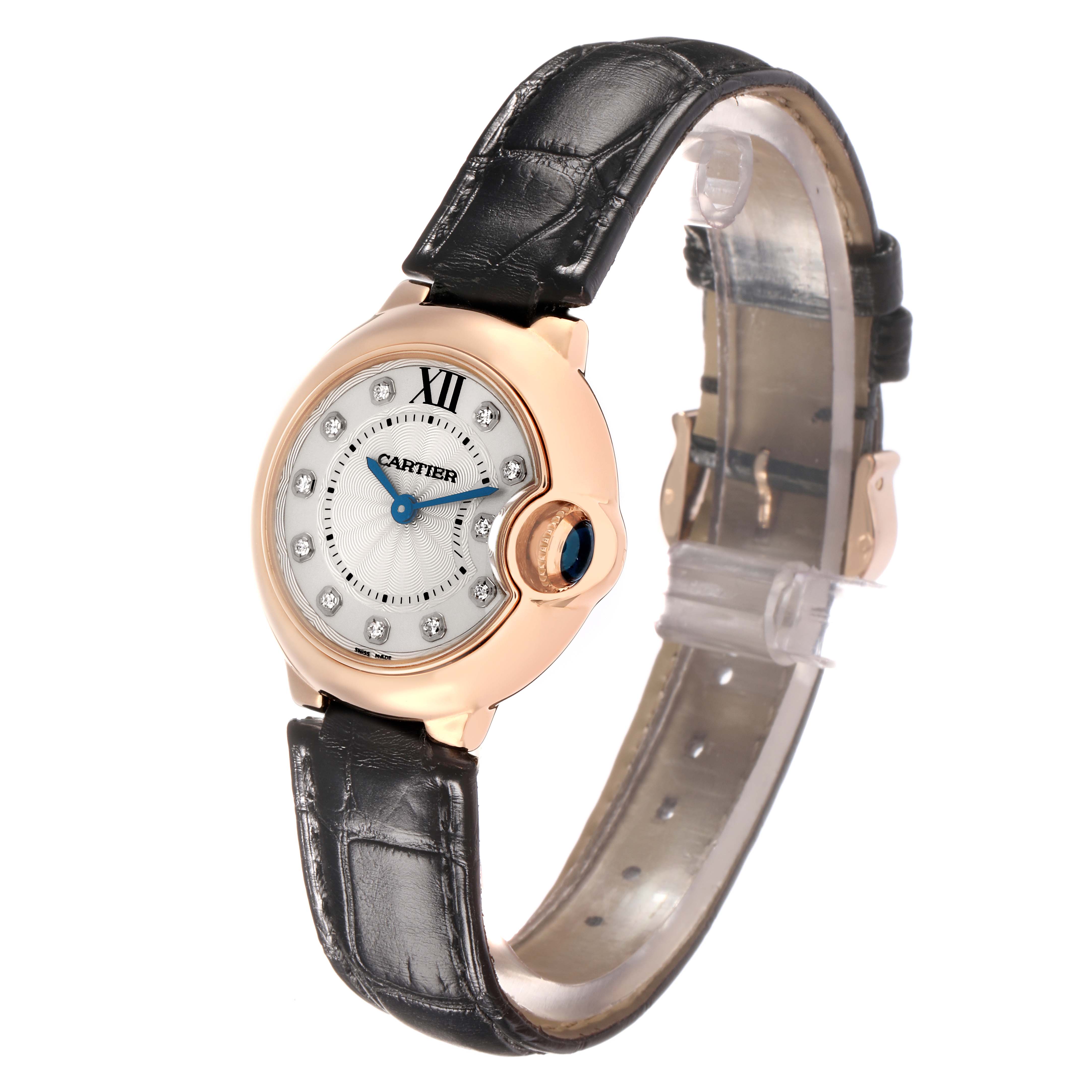 The Cartier Ballon Bleu W6900256 Women
s Rose Gold Silver Dial watch is shown at a three-quarter angle, highlighting its face, strap, and crown.