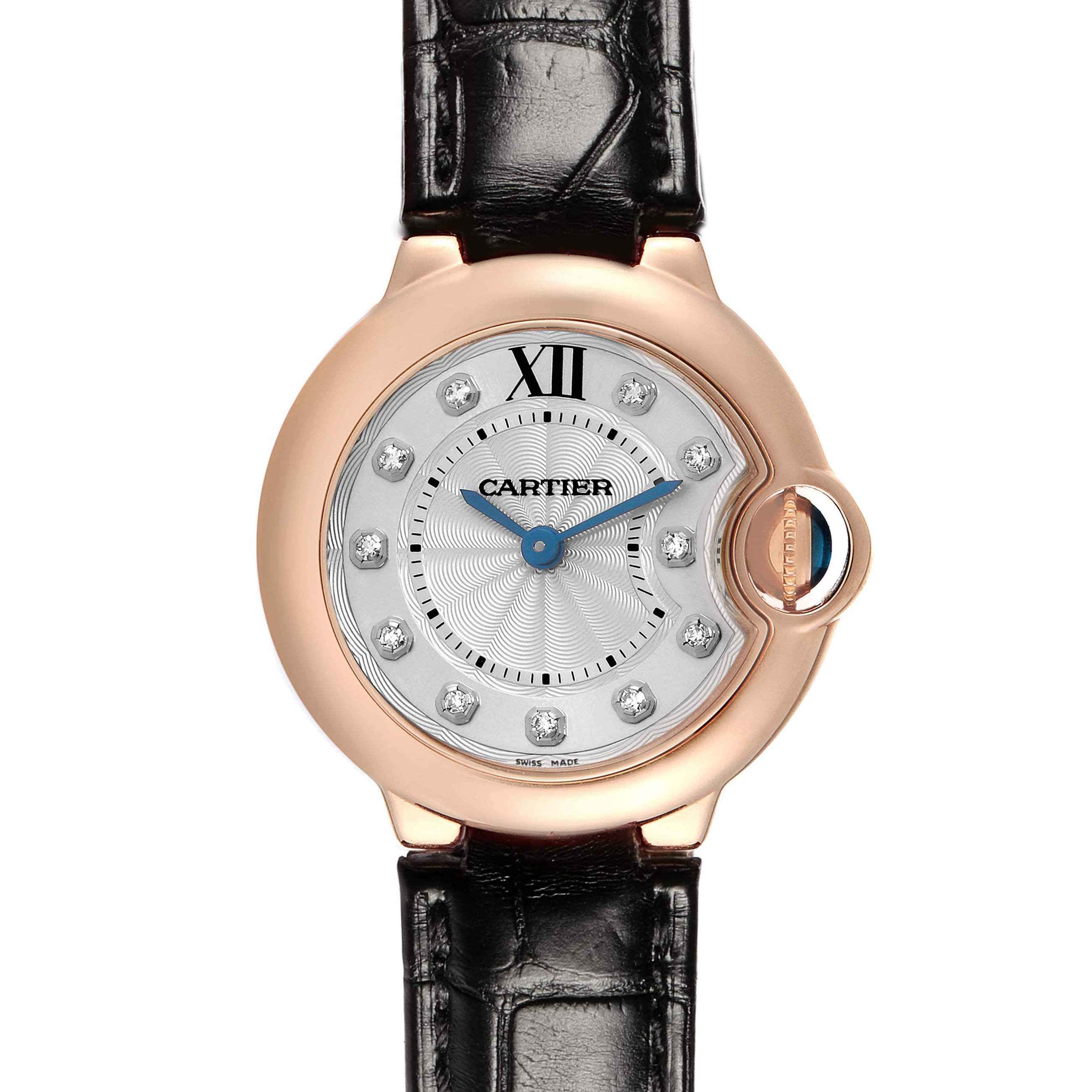 The Cartier Ballon Bleu WE902050 Women's Rose Gold Silver Dial watch is shown from a front angle, displaying the face, bezel, crown, and black leather strap.