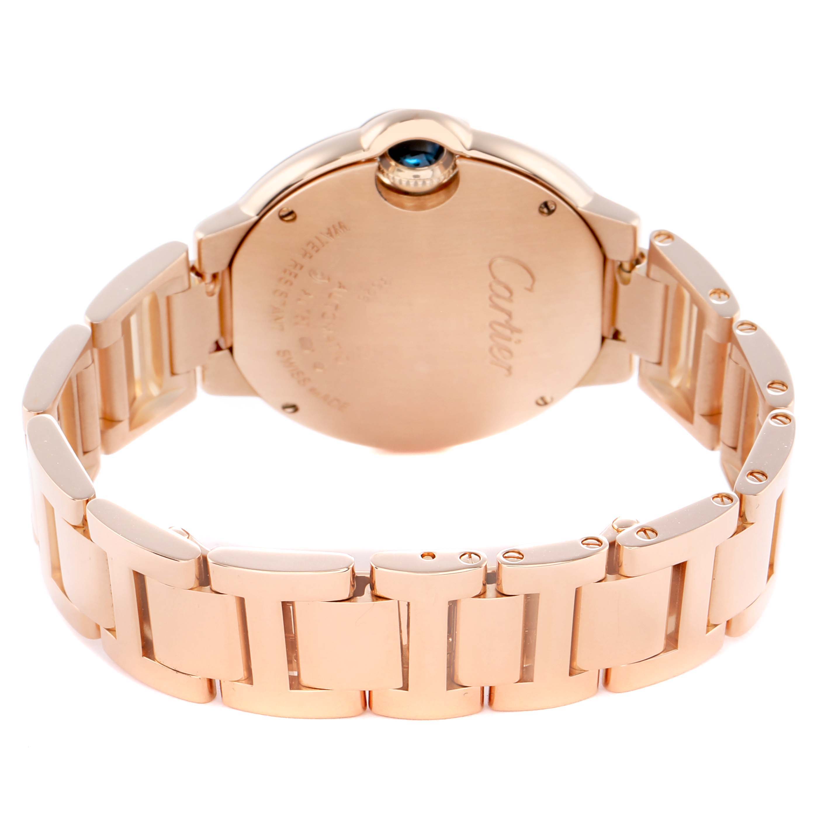 The image shows the back and bracelet of a Cartier Ballon Bleu W6920096 Women's Rose Gold Silver Dial watch, highlighting its metallic finish and clasp details.