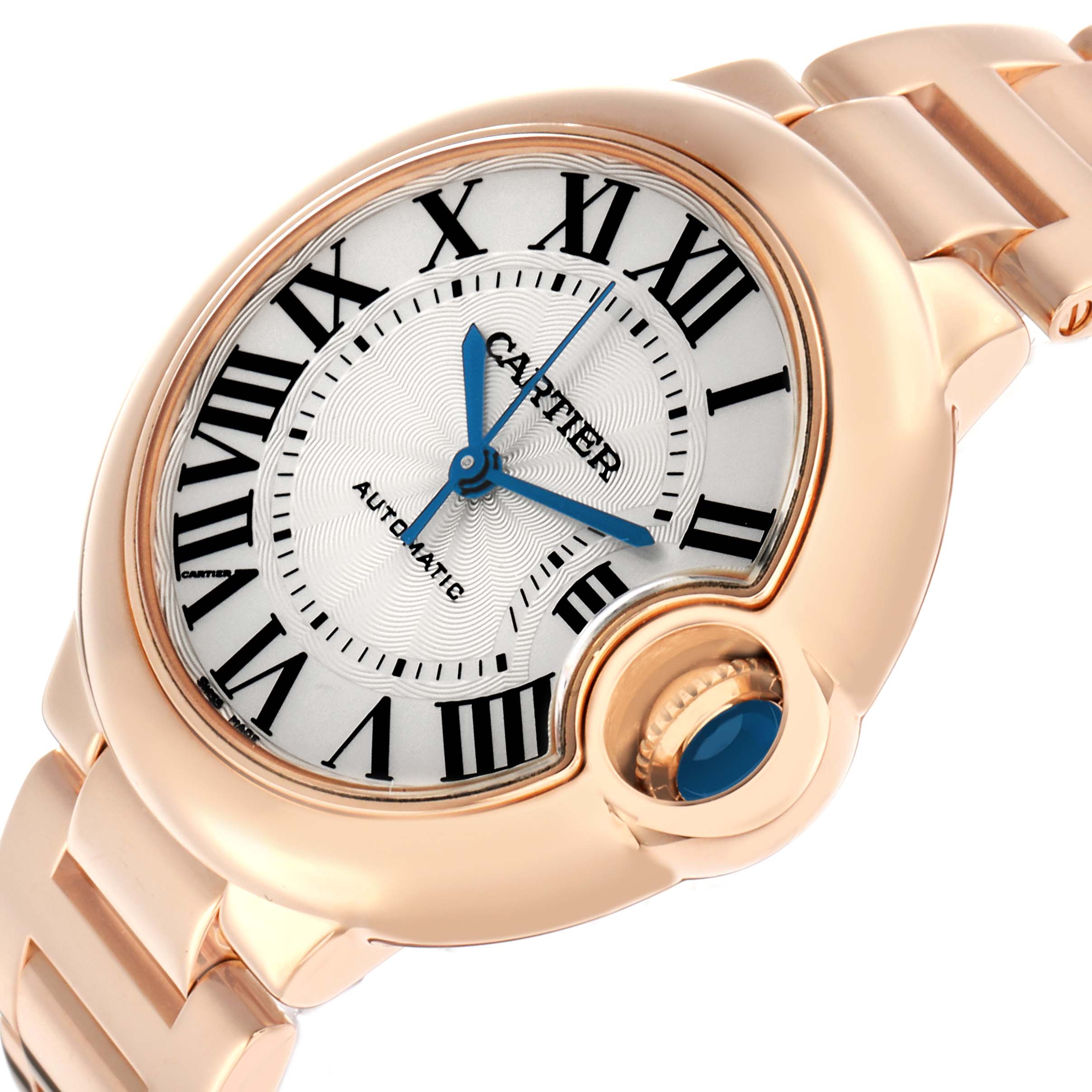 The Cartier Ballon Bleu W6920096 Women's Rose Gold Silver Dial watch is shown at an angle highlighting the face, roman numerals, crown, and a portion of the bracelet.