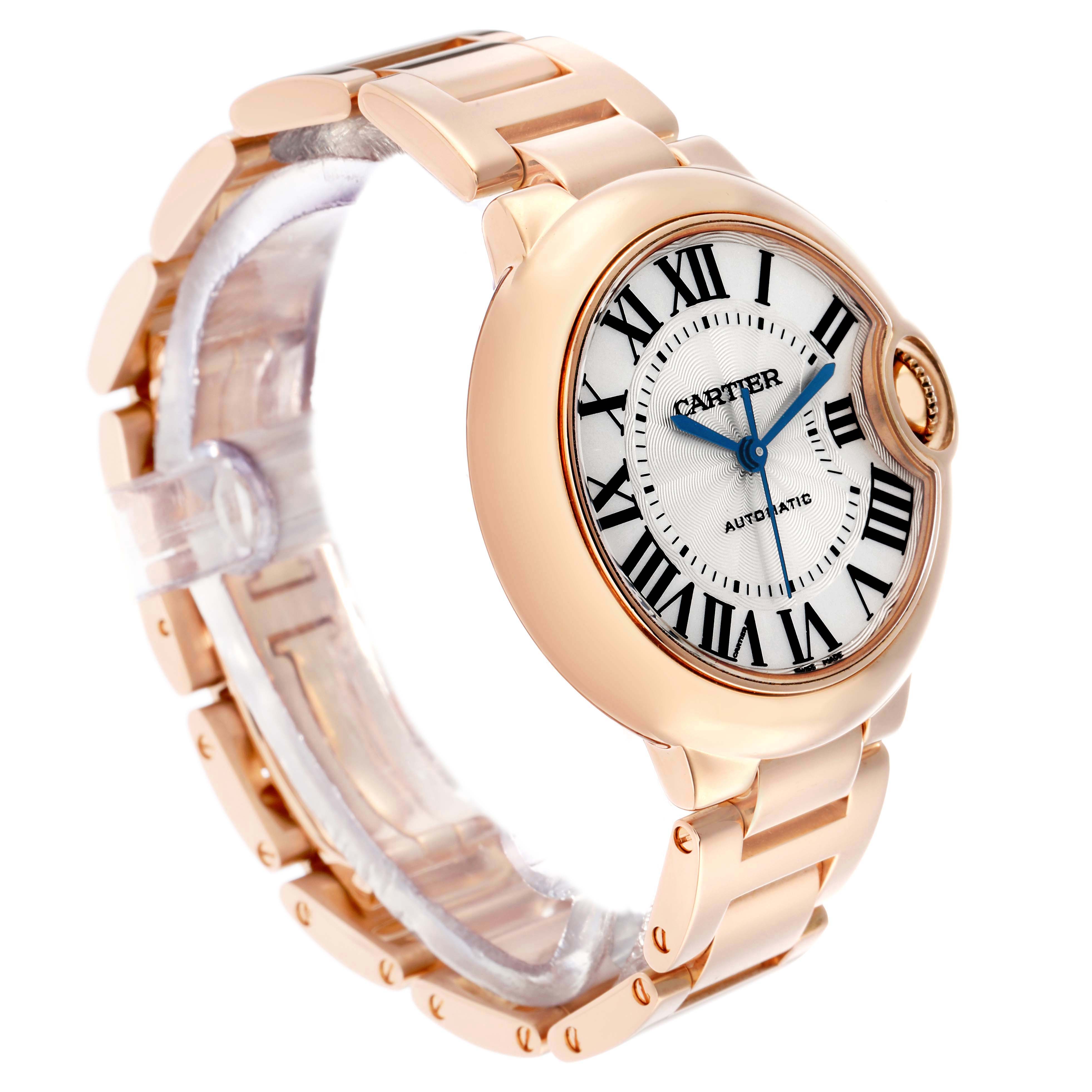 The Cartier Ballon Bleu W6920096 Women's Rose Gold Silver Dial watch is shown at a three-quarter angle, displaying its face, bezel, and part of the bracelet.