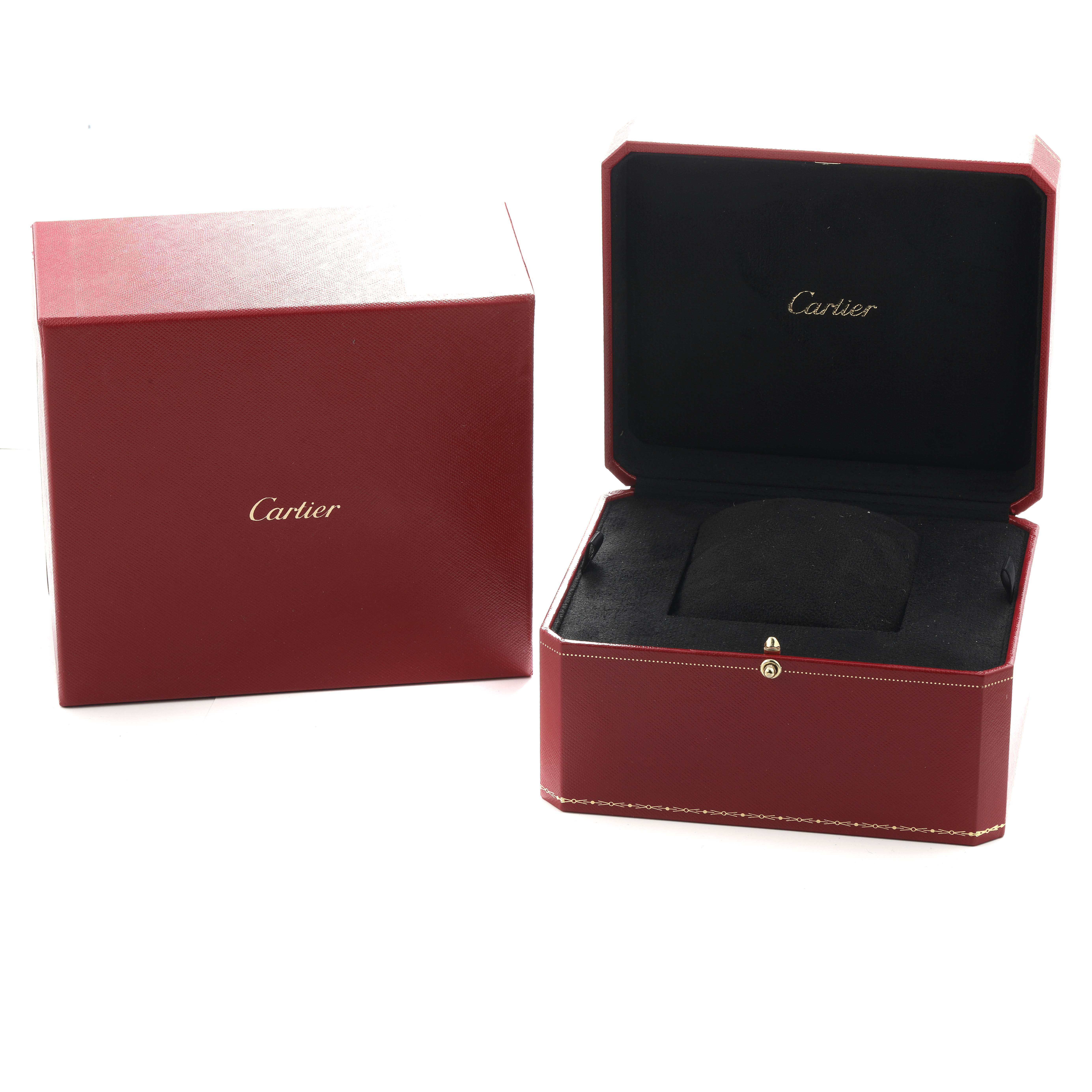 The image shows a Cartier Ballon Bleu W6920096 Women's Rose Gold Silver Dial watch box set with one open and one closed box, both in red with Cartier branding.