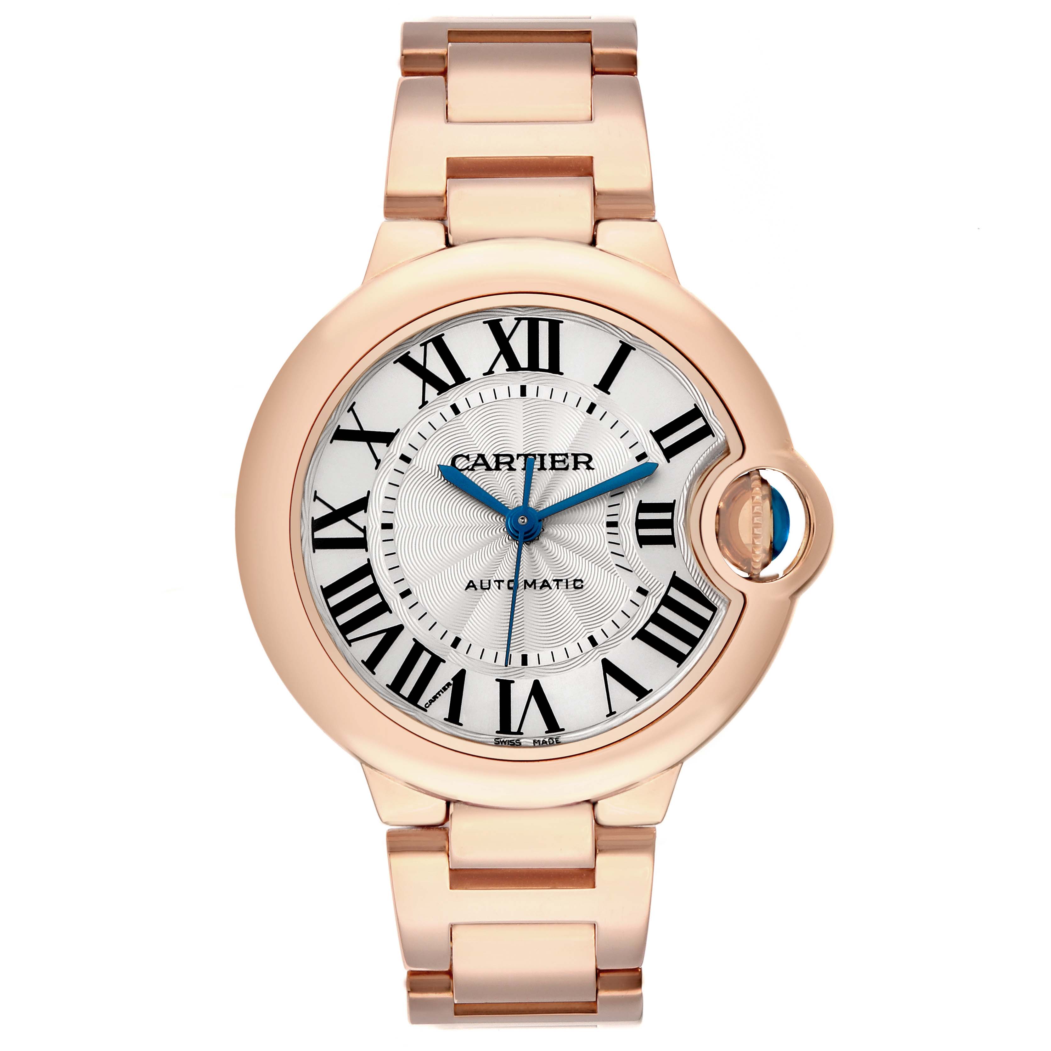 The Cartier Ballon Bleu W6920096 Women's Rose Gold Silver Dial watch is shown from the front, highlighting its round face, Roman numerals, and bracelet links.