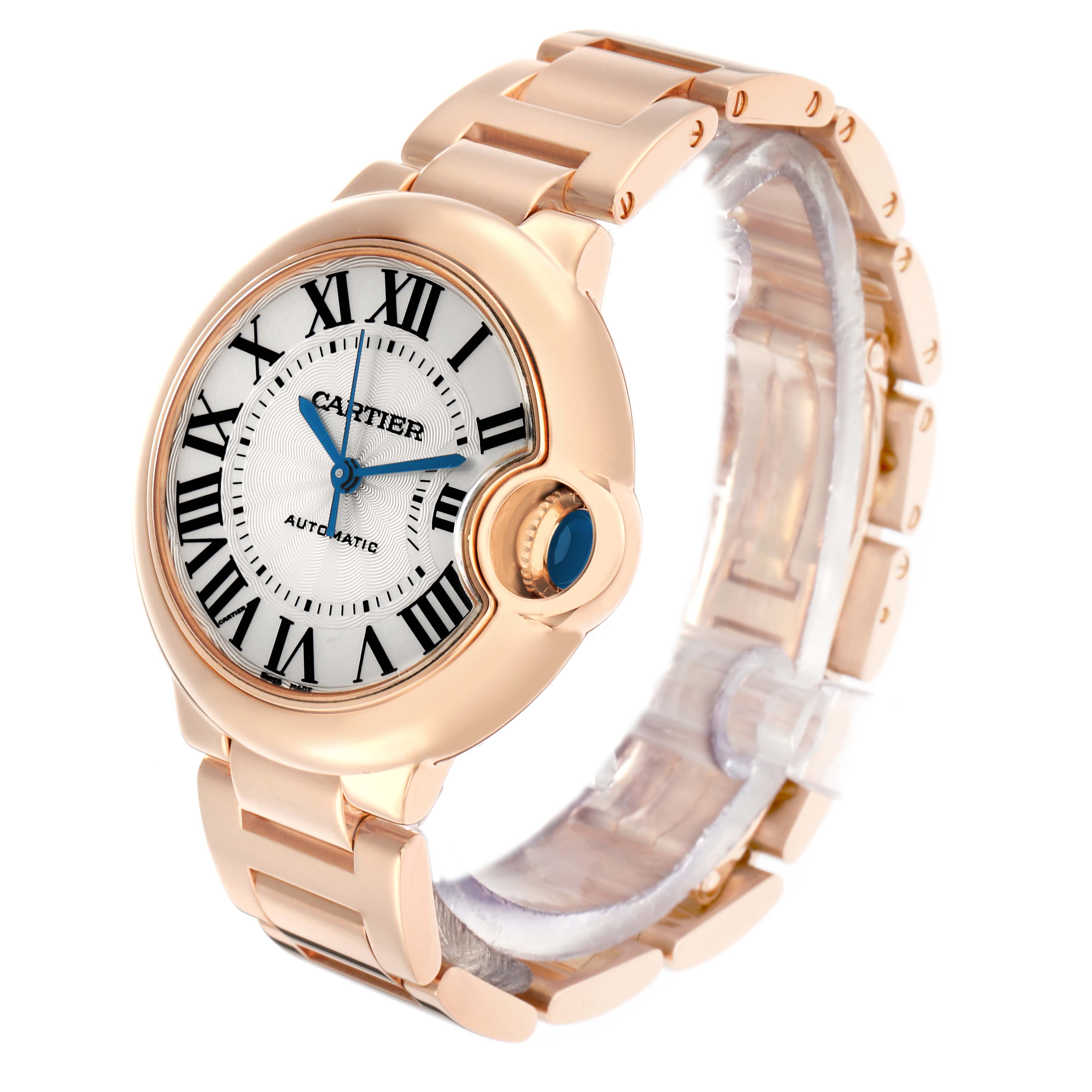 The Cartier Ballon Bleu W6920096 Women's Rose Gold Silver Dial watch is shown at a 3/4 angle, displaying the face, bracelet, and crown prominently.