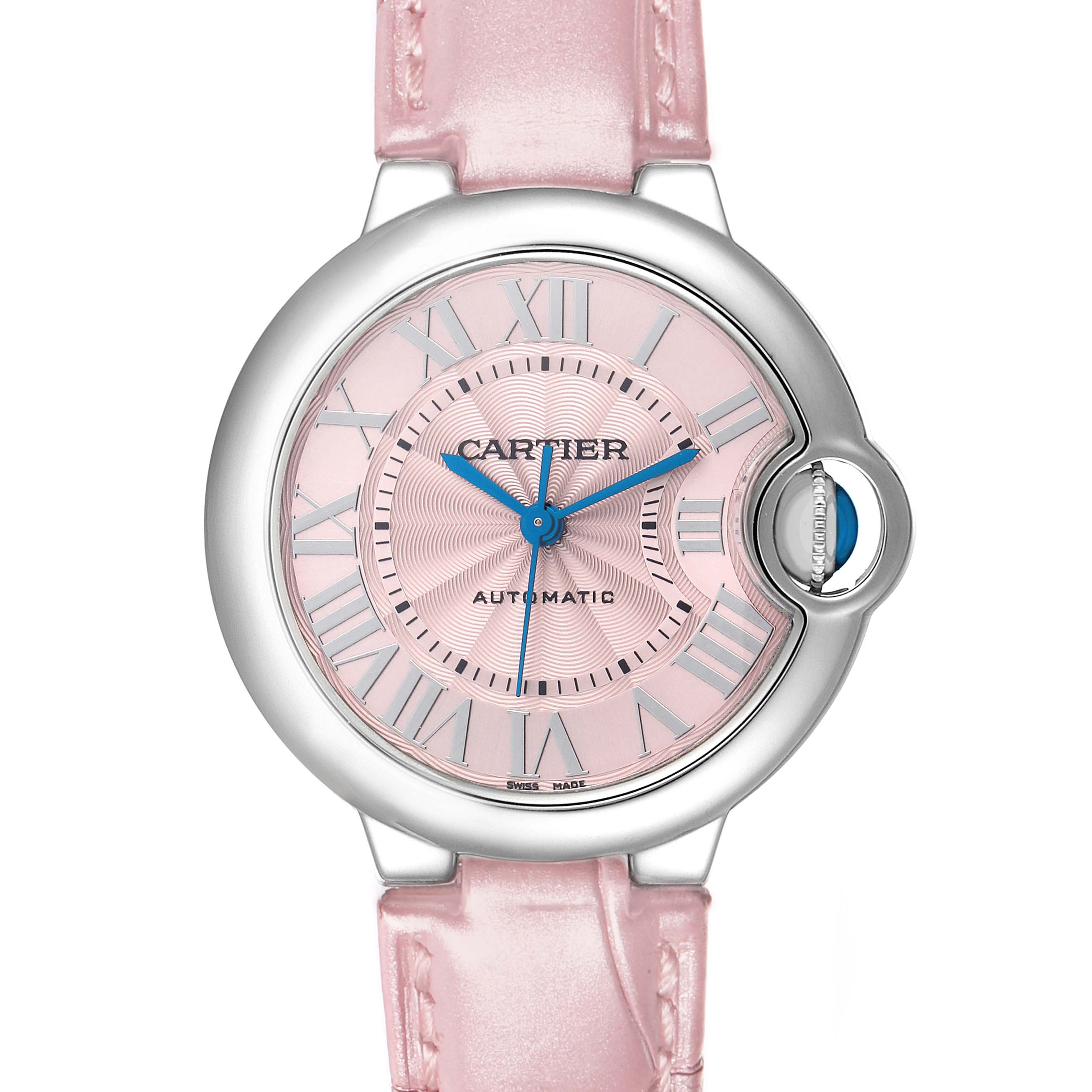 The Cartier Ballon Bleu WSBB0002 Women's Stainless Steel Pink Dial watch is shown from the front, highlighting its pink dial, blue hands, and crown with a blue cabochon.