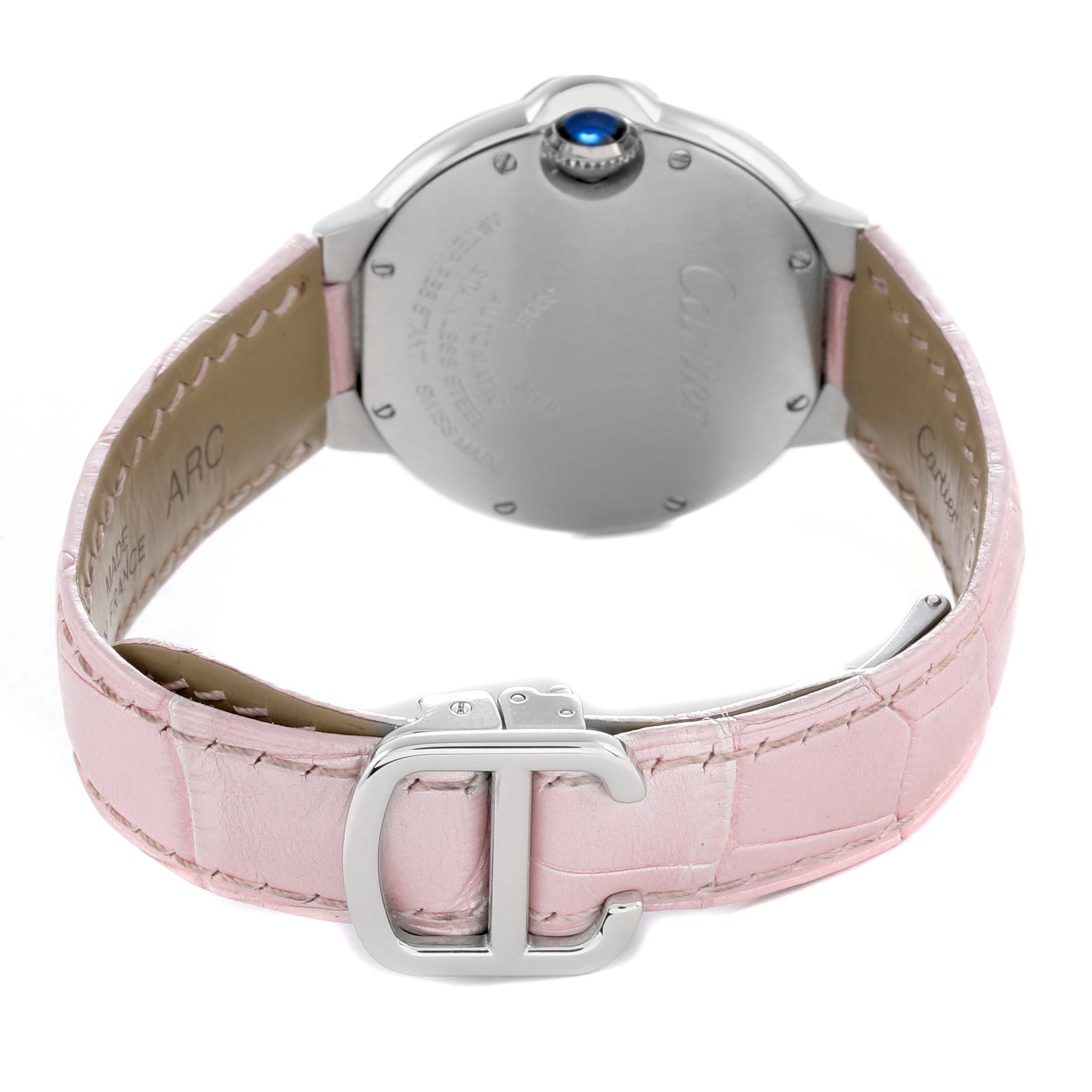 The image shows the back of the Cartier Ballon Bleu WSBB0002 Women's Stainless Steel Pink Dial watch, highlighting the clasp and pink leather strap.