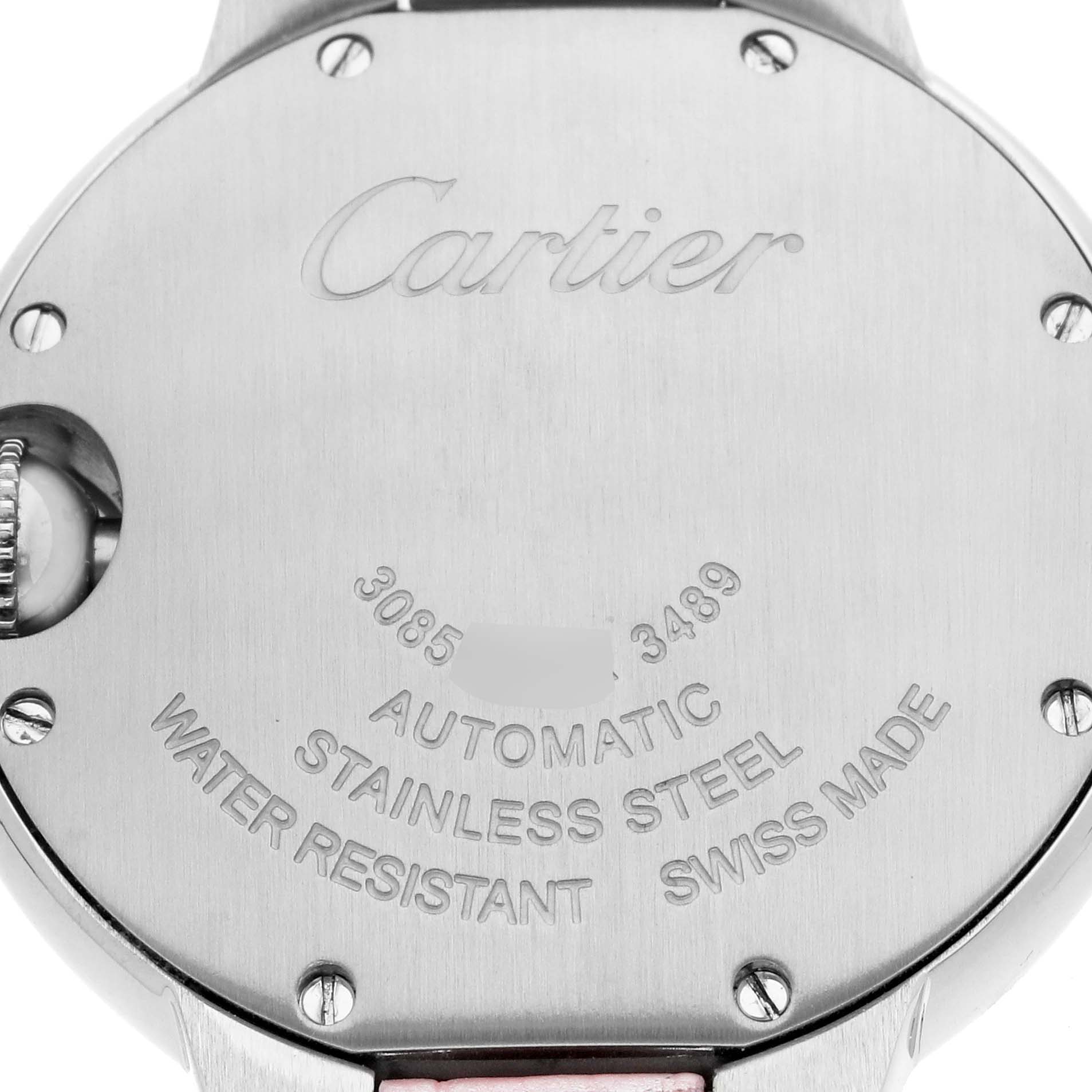The image shows the back of the Cartier Ballon Bleu WSBB0002 Women's Stainless Steel Pink Dial, highlighting its engraving and metal screws.