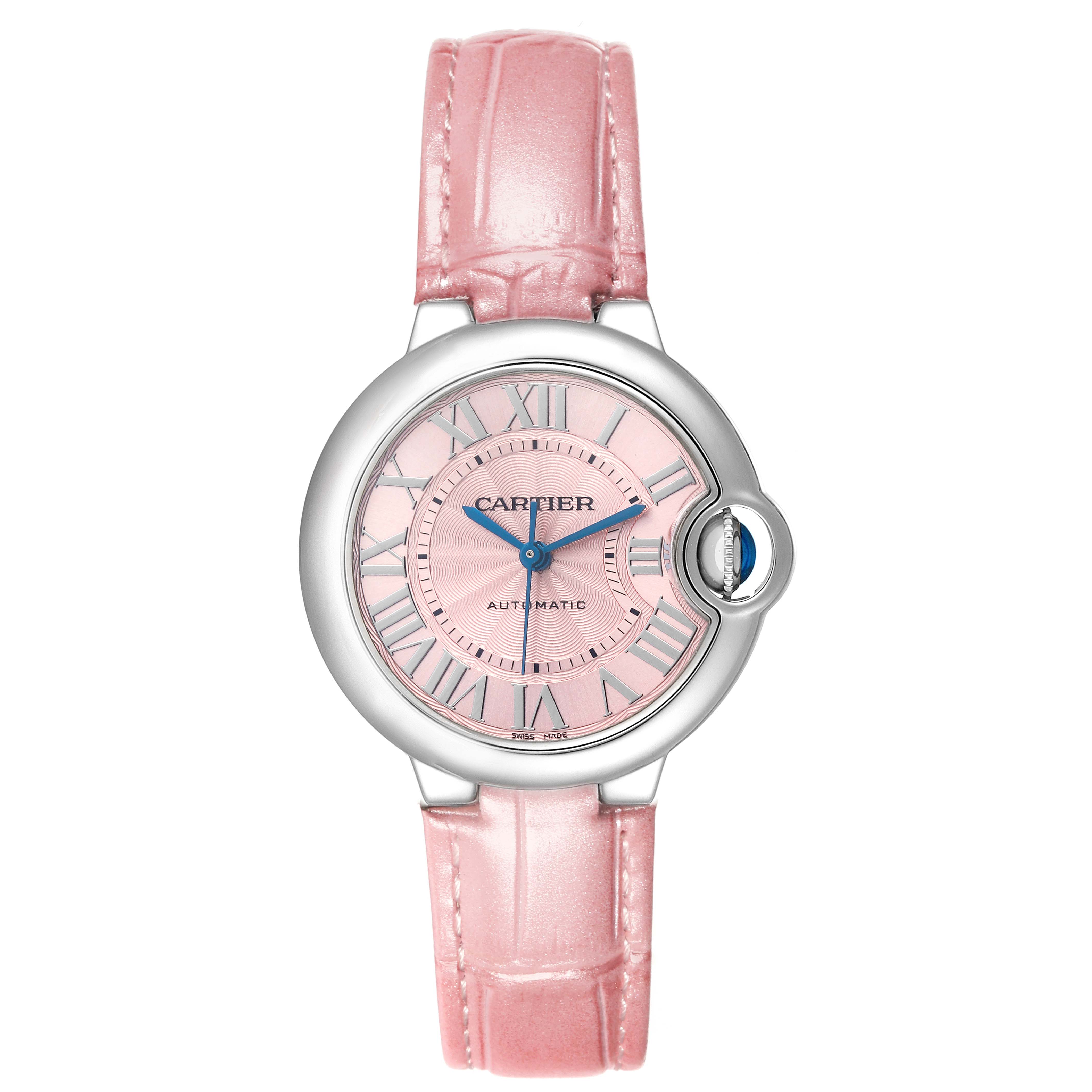 The Cartier Ballon Bleu WSBB0002 Women's Stainless Steel Pink Dial watch is shown from the front, highlighting its pink dial, Roman numerals, and pink leather strap.