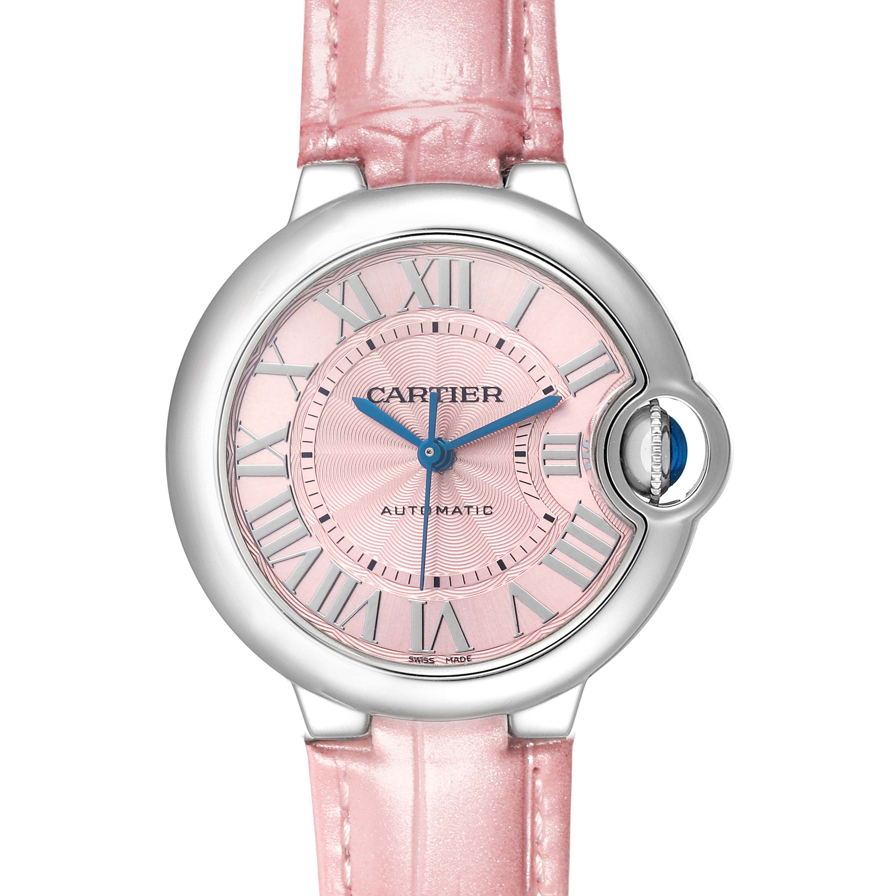 The Cartier Ballon Bleu WSBB0002 Women's Stainless Steel Pink Dial watch is shown from the front, displaying its pink dial, Roman numerals, and crown with a cabochon.