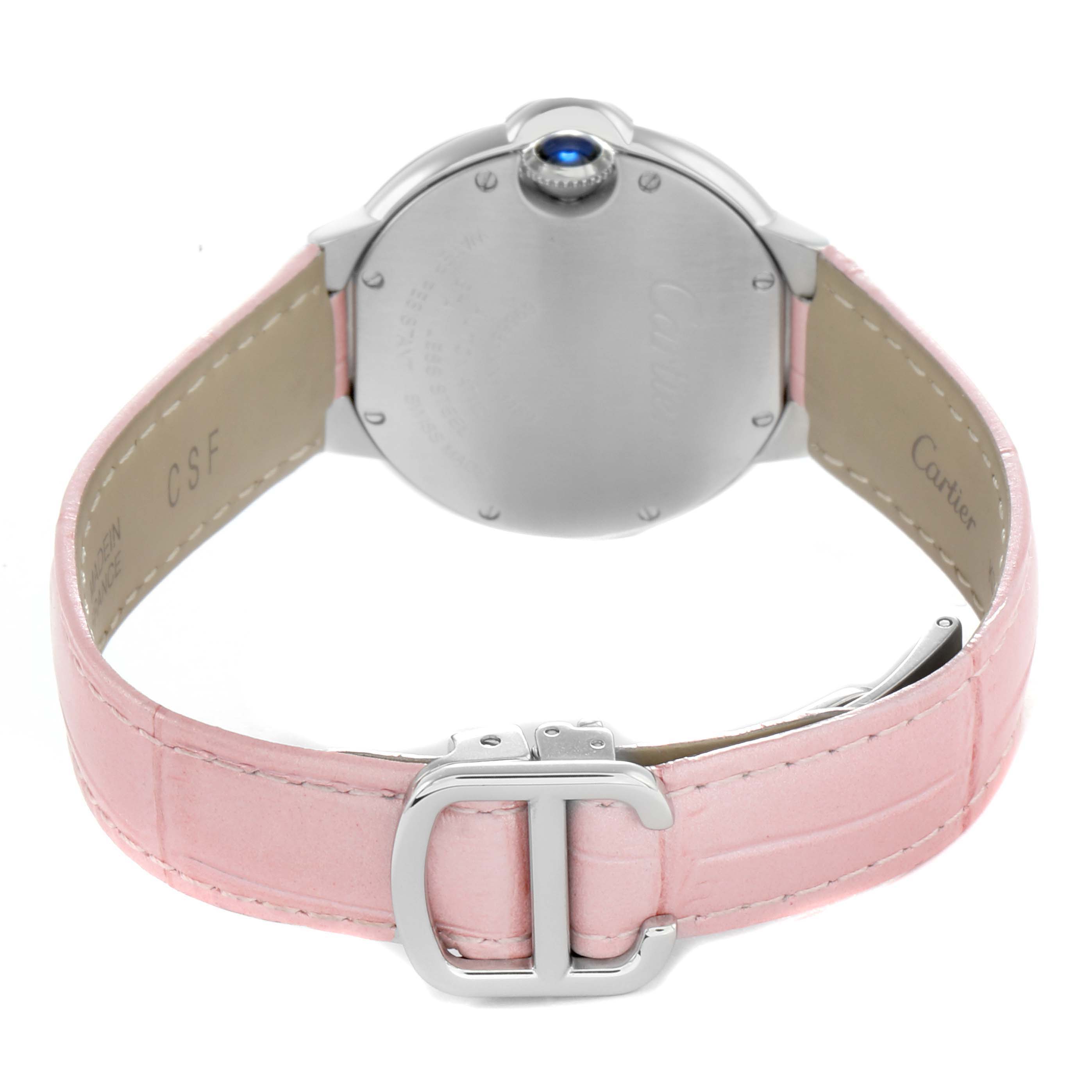 This Cartier Ballon Bleu WSBB0002 Women's Stainless Steel Pink Dial watch is shown from the back, highlighting the clasp and pink leather strap.