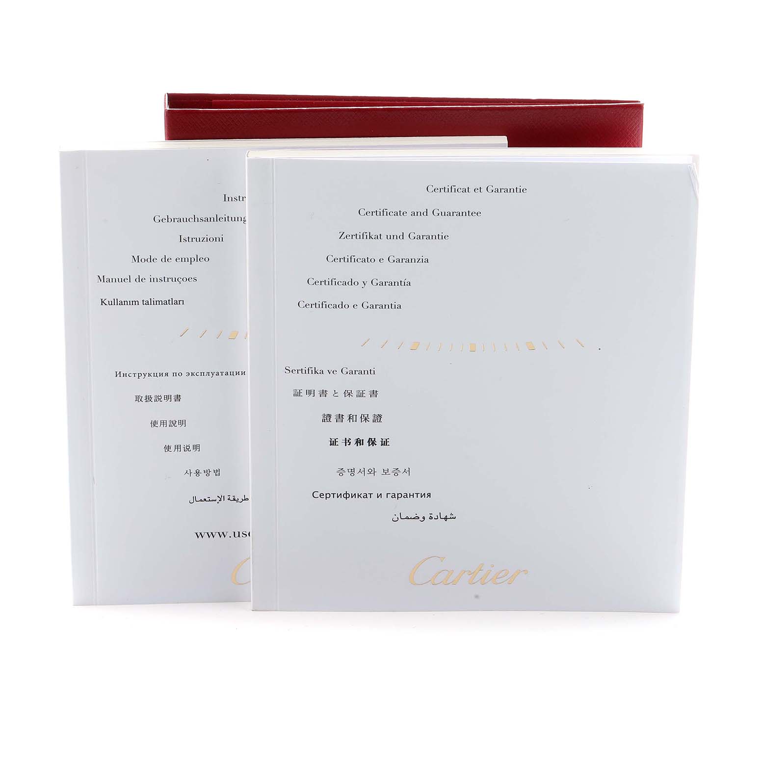 The image shows the certificates and warranty documents for the Cartier Ballon Bleu WSBB0002 Women's Stainless Steel Pink Dial, with a red case partially visible.