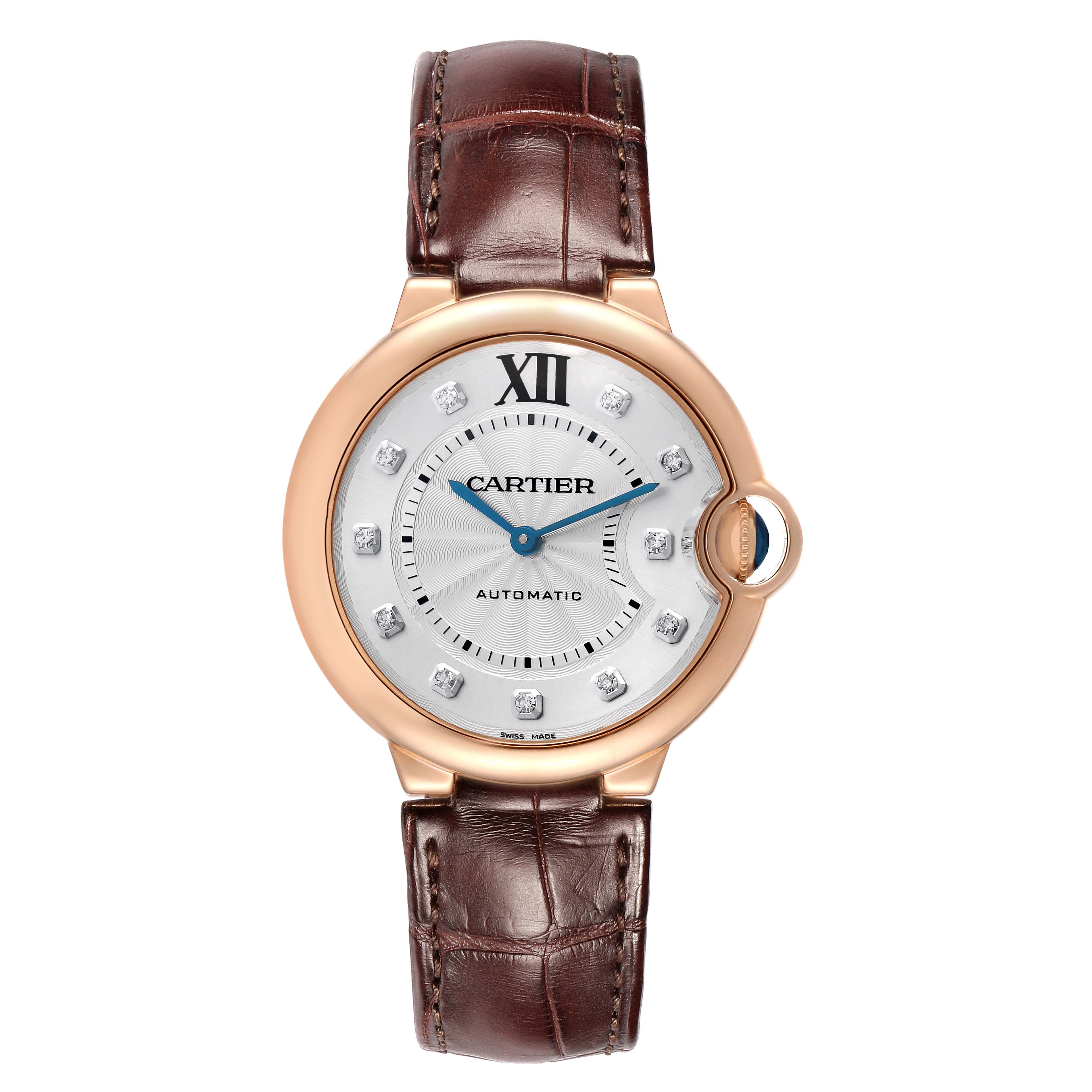 The Cartier Ballon Bleu WE902026 Women
s Rose Gold Silver Dial watch is shown from a top-down angle, displaying the face, bezel, and leather strap.