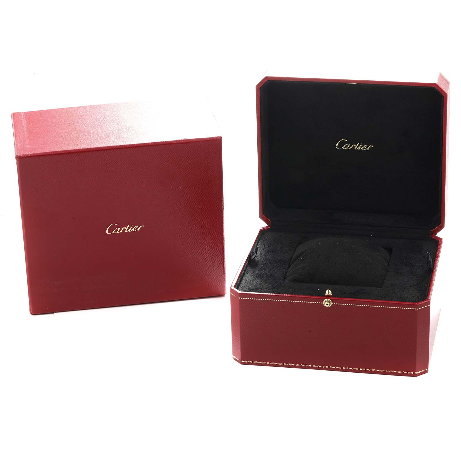 The image shows a Cartier Ballon Bleu WE902026 Women
s Rose Gold Silver Dial watch box with the lid open, revealing the black interior and pillow.