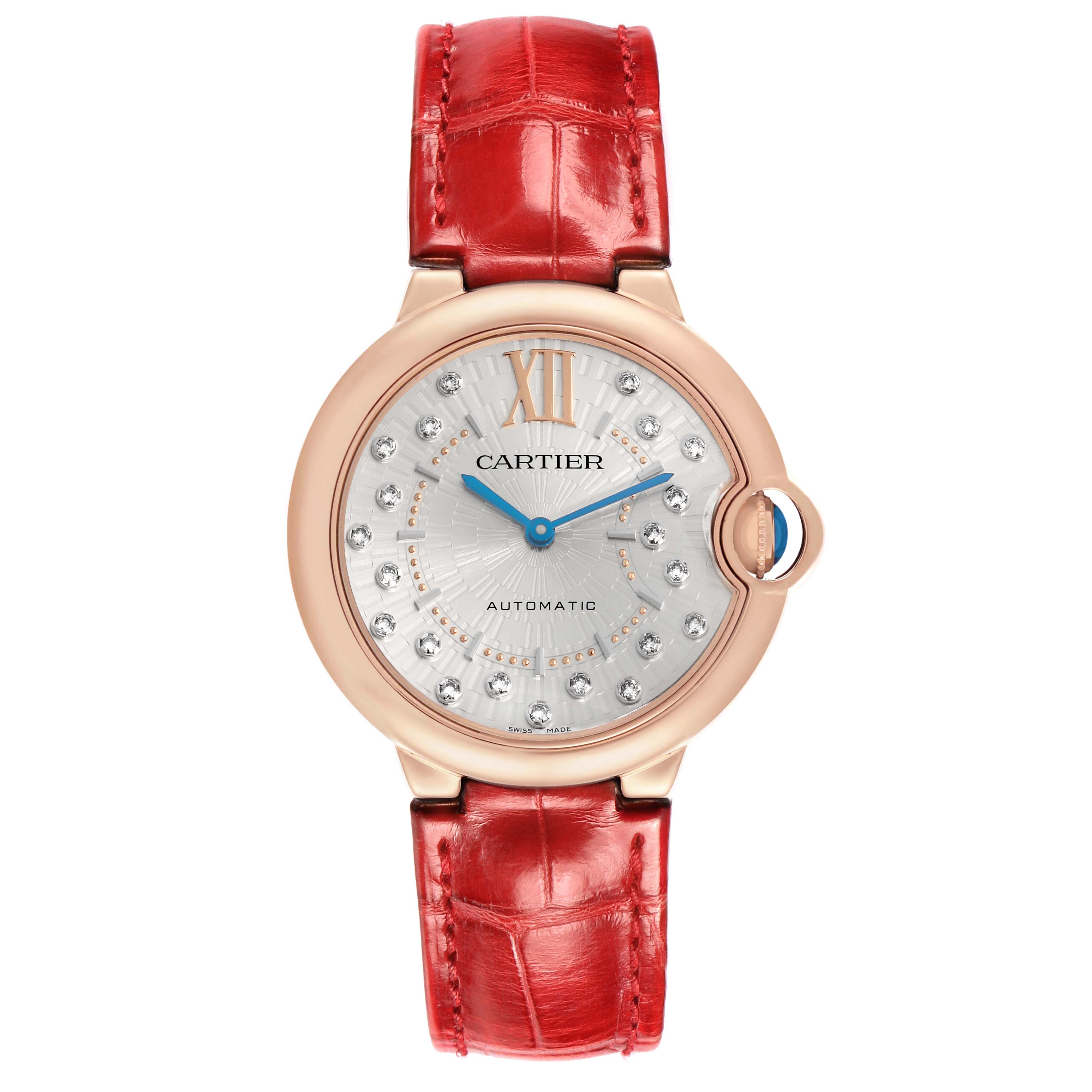 The Cartier Ballon Bleu WGBB0053 Men's Rose Gold Silver Dial watch is shown from the front, featuring its dial, hands, case, and red leather strap.