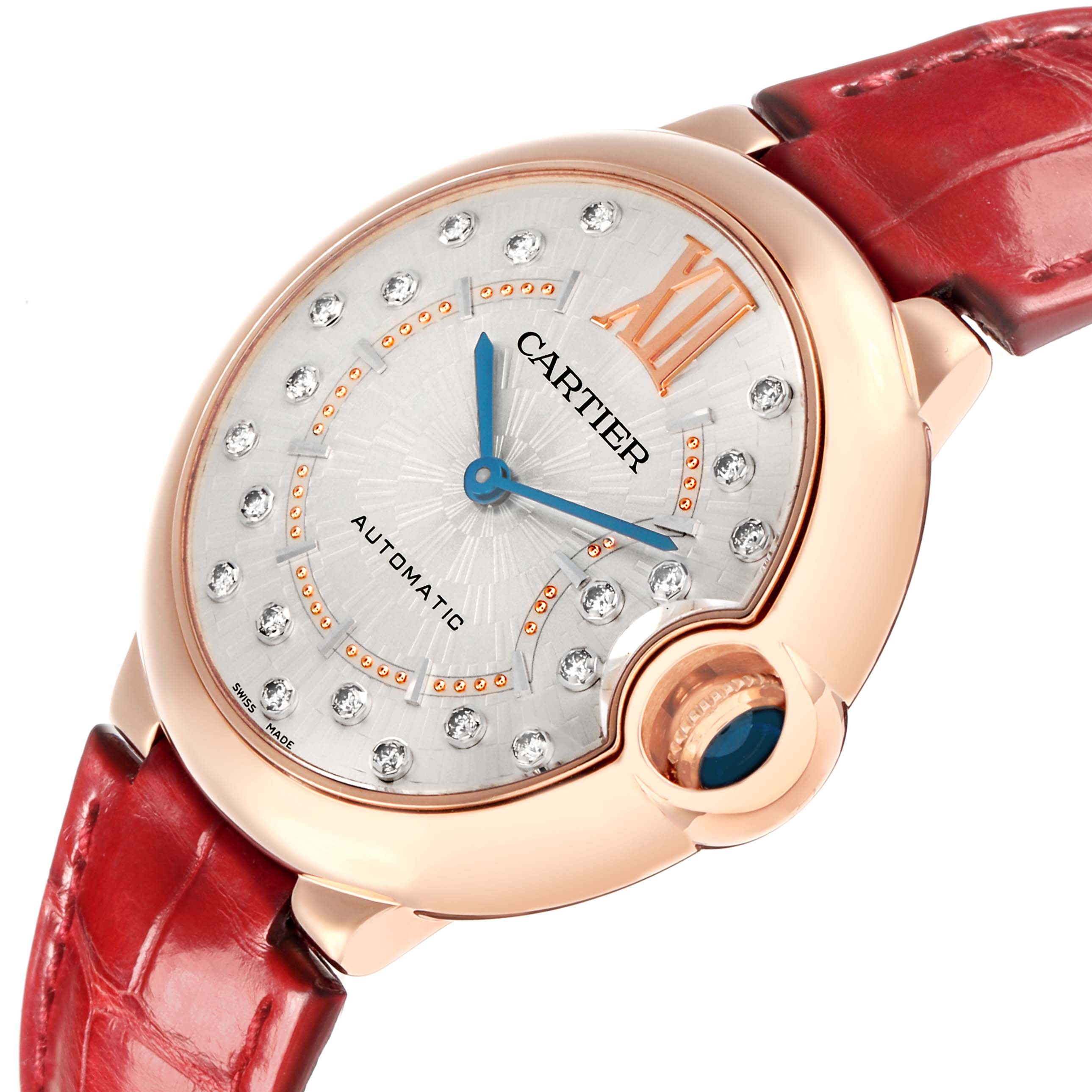 The Cartier Ballon Bleu WGBB0053 Men's Rose Gold Silver Dial watch is shown from a front angle, displaying its dial, crown, and part of the red strap.