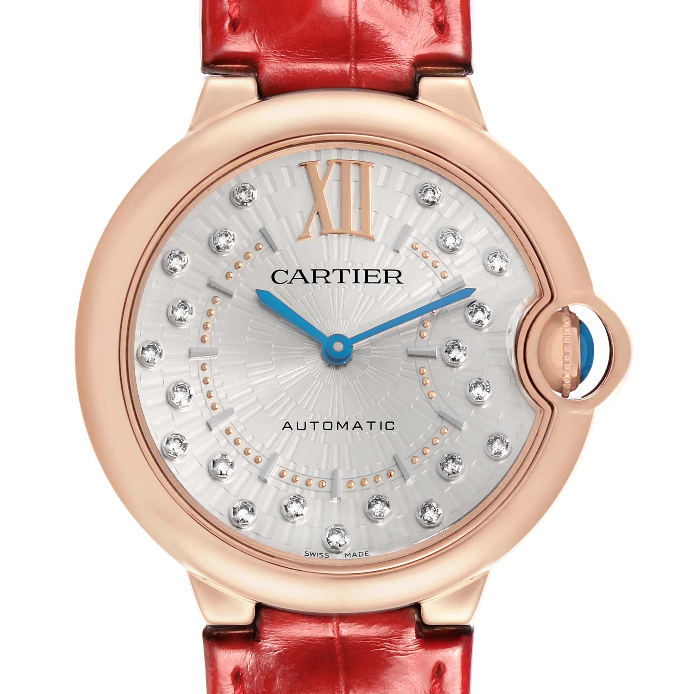 The Cartier Ballon Bleu WGBB0053 Men's Rose Gold Silver Dial watch is shown from a front angle, displaying the dial, crown, and strap connection.