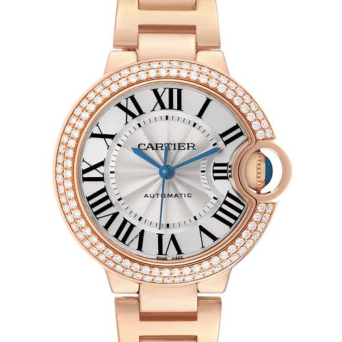 The Cartier Ballon Bleu WJBB0036 Women's Rose Gold Silver Dial watch is shown from the front, highlighting its diamond bezel, Roman numeral dial, and steel bracelet.