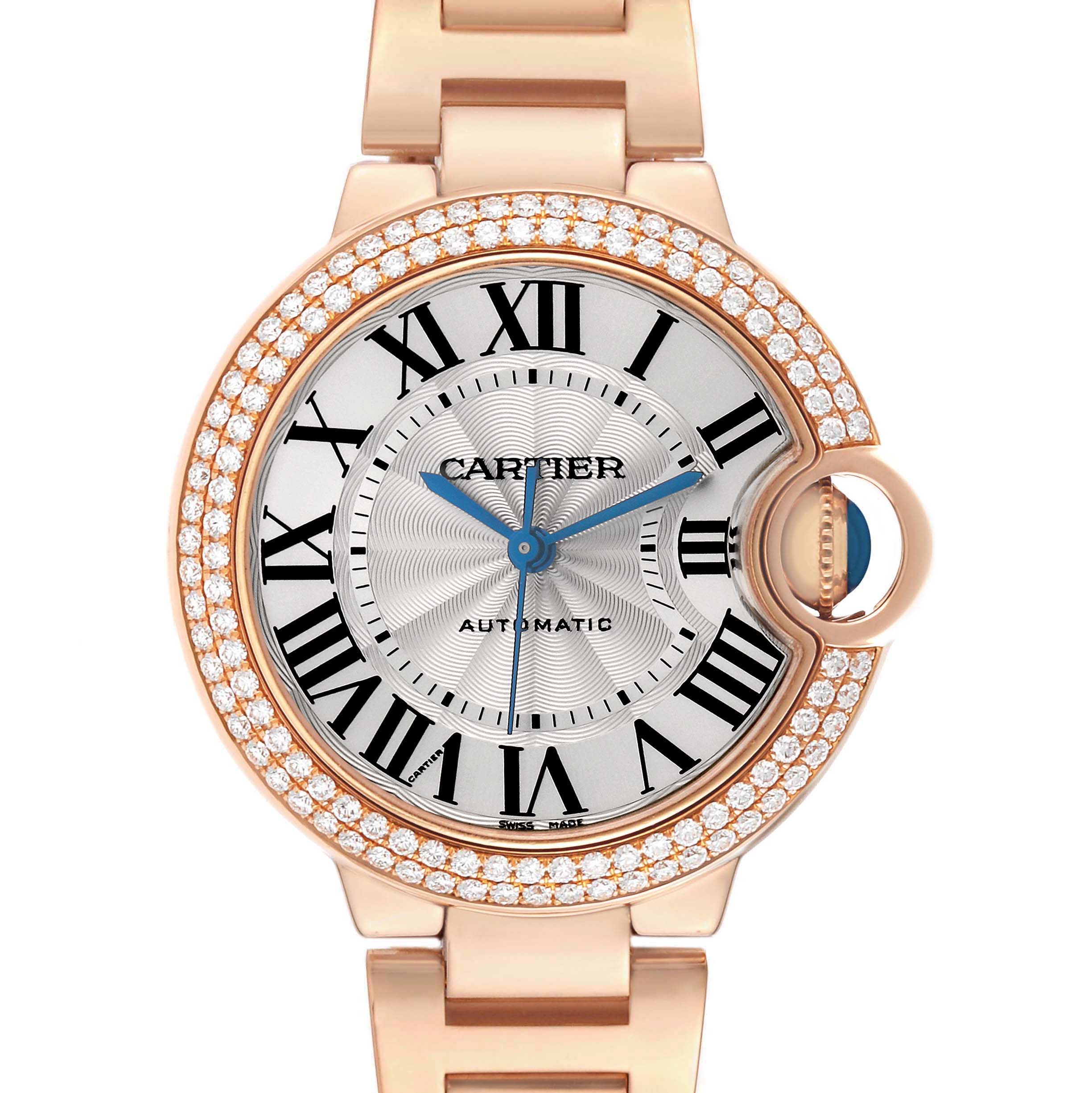 This image shows a front view of the Cartier Ballon Bleu WJBB0036 Women's Rose Gold Silver Dial watch face and a portion of the bracelet.