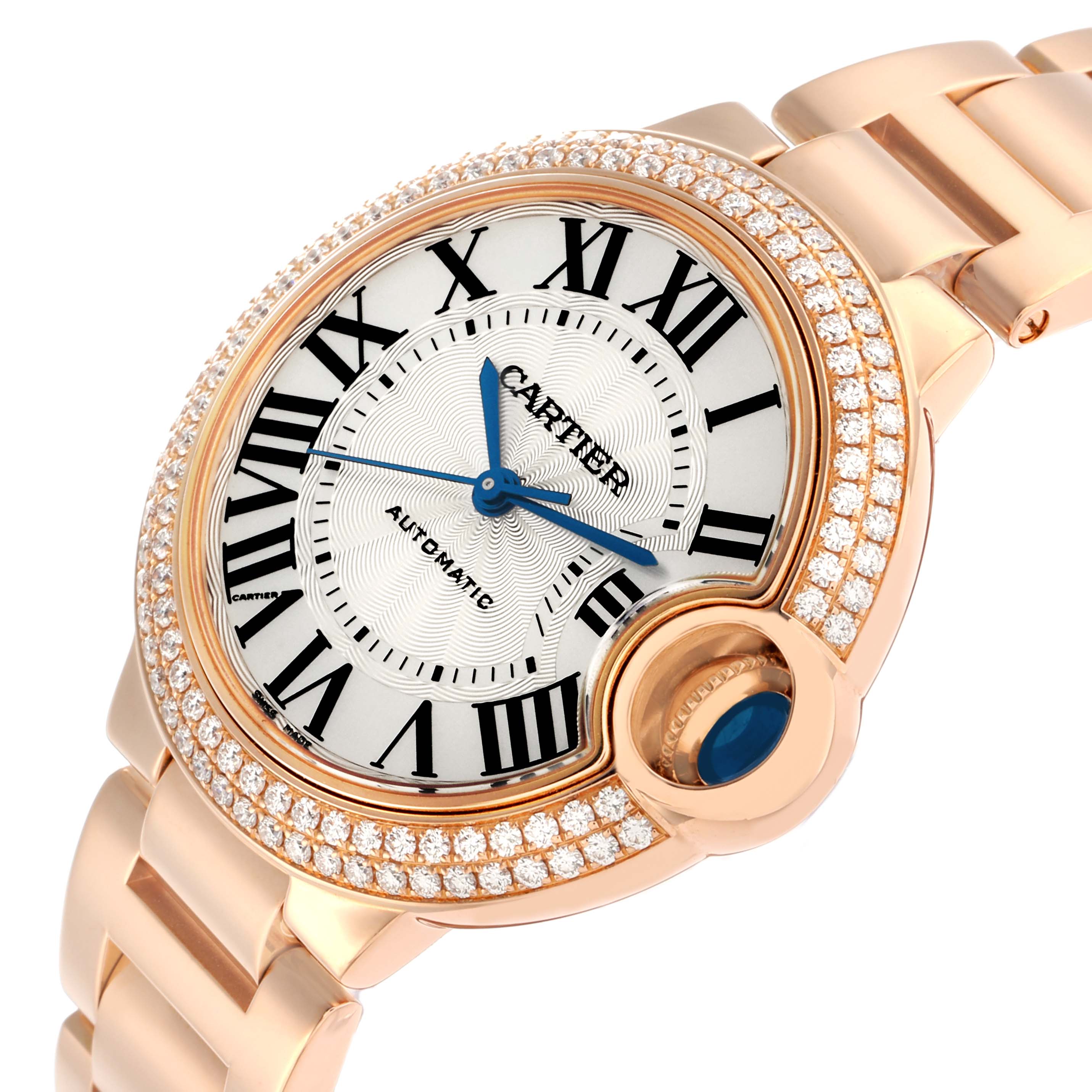 The Cartier Ballon Bleu WJBB0036 Women's Rose Gold Silver Dial watch is shown from a front angle, highlighting its round case, Roman numeral dial, and diamond-set bezel.