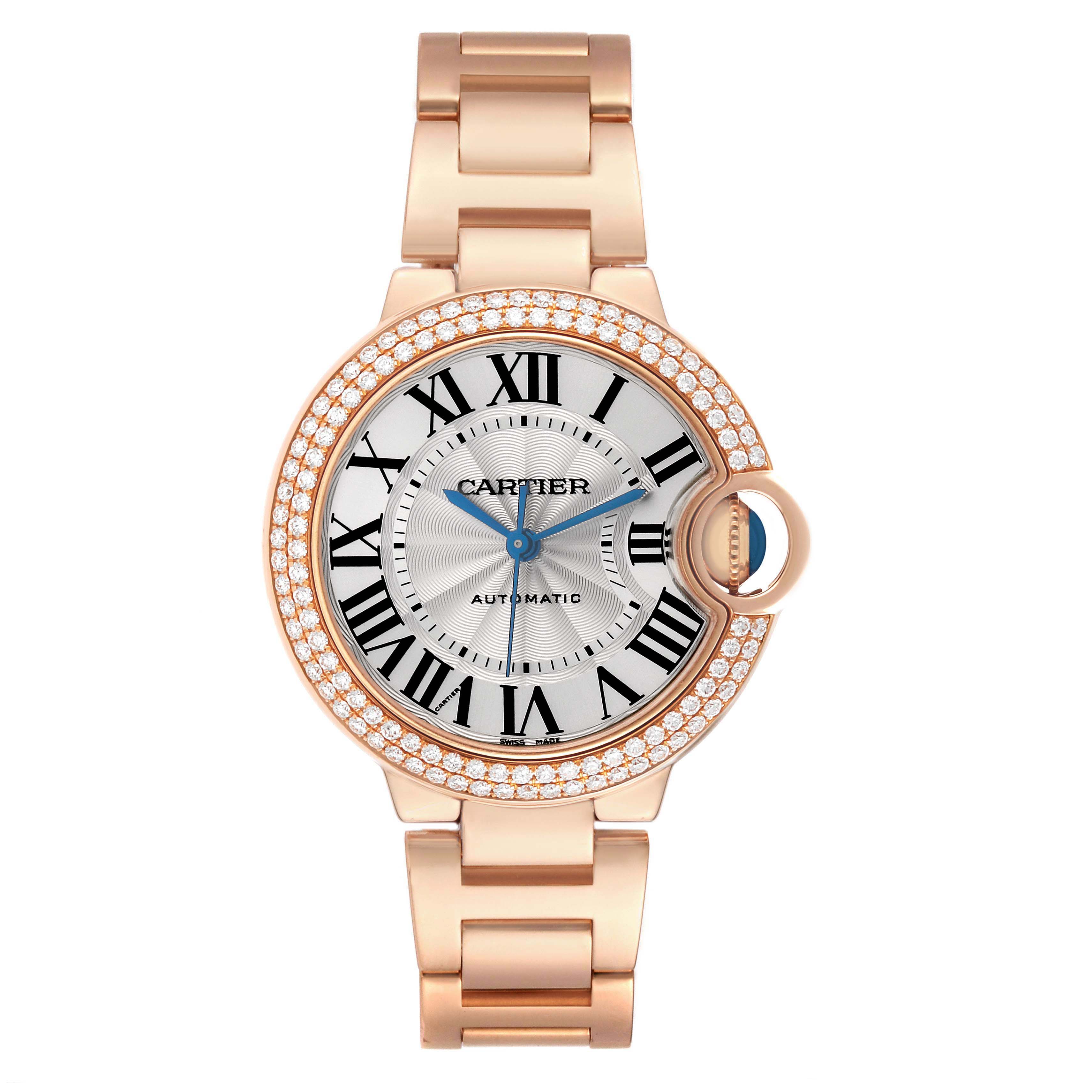 The Cartier Ballon Bleu WJBB0036 Women's Rose Gold Silver Dial watch is shown from a front angle, featuring its dial, bezel, crown, and metal bracelet.