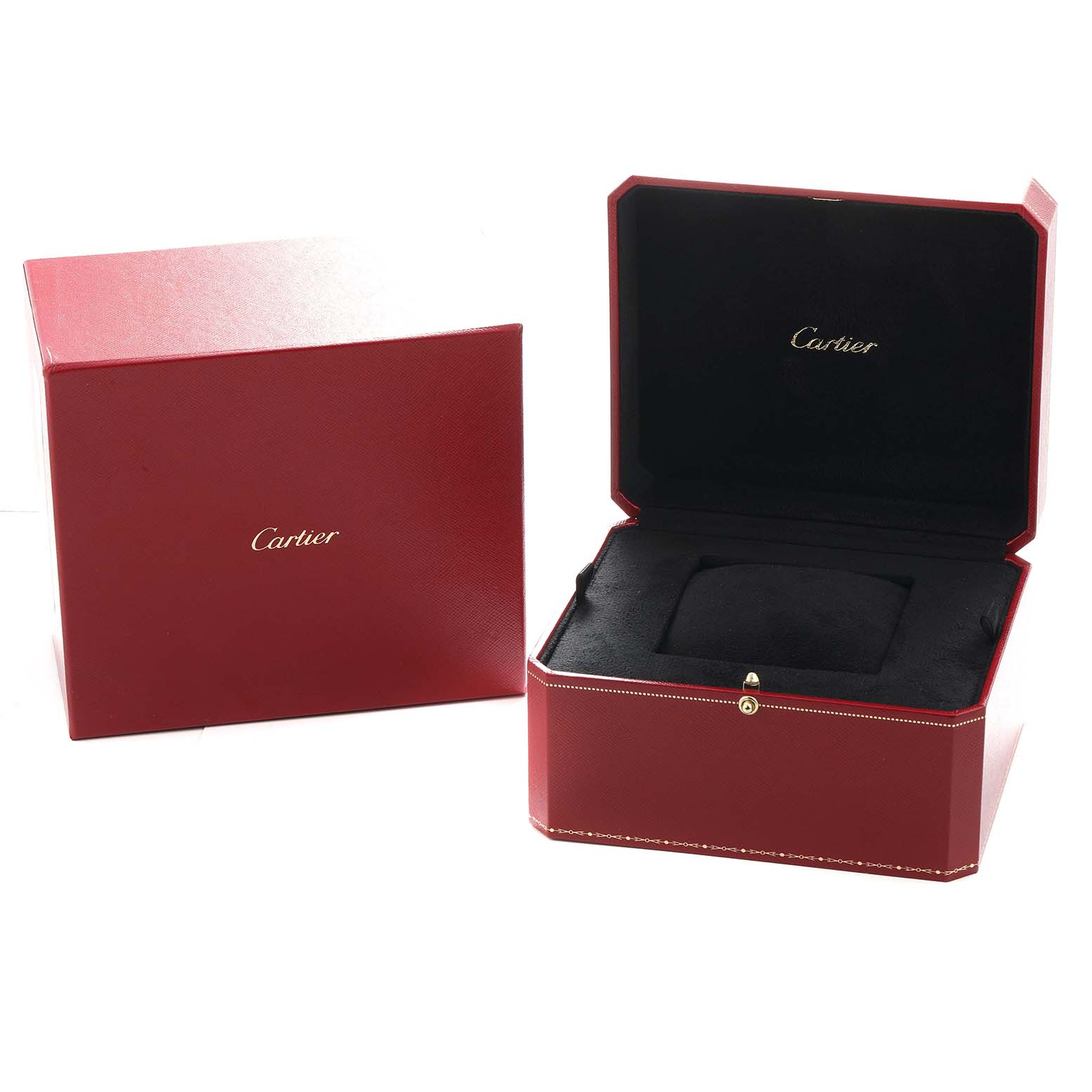 The image shows the packaging for a Cartier Ballon Bleu WJBB0036 Women's Rose Gold Silver Dial watch, including an open red box and an additional box.